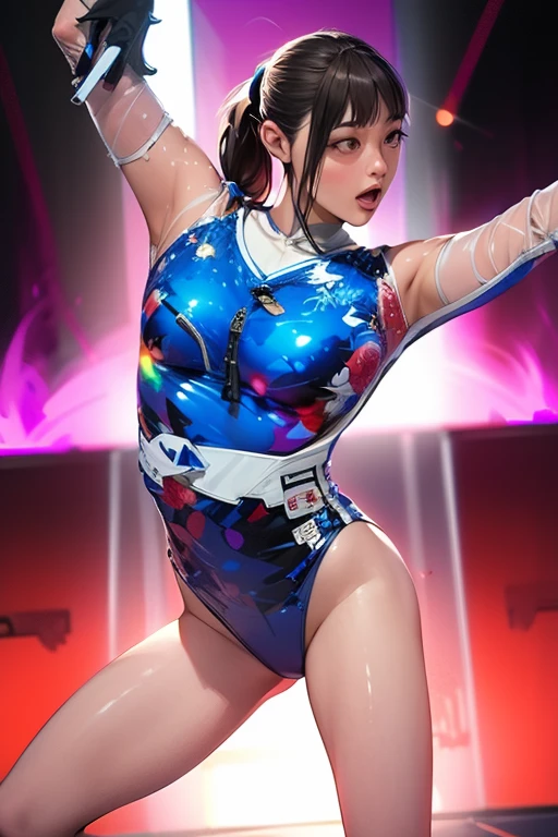 A slender Japanese gymnast with a very small bust, 19 years old,Full body portrait:1.2, Short Ponytail,Super tight Gymnastics leotard, U-neck, Long sleeve, Main and trim full foil fabric, Digitally Printed Lycra Fabric, Adorned with gorgeous aurora crystal colored Swarovski, ((Very bright Gymnastics Arena)) ,Beautiful appearance,Perfect Face,Detailed face and symmetrical single eyelids,Attractive face, Full body shot from the front:1.1,Standing with one leg raised from below,From head to toe,((Very small breasts:1.5)),(Muscular and slender body type:1.5),Very muscular and slim thighs and legs:1.2