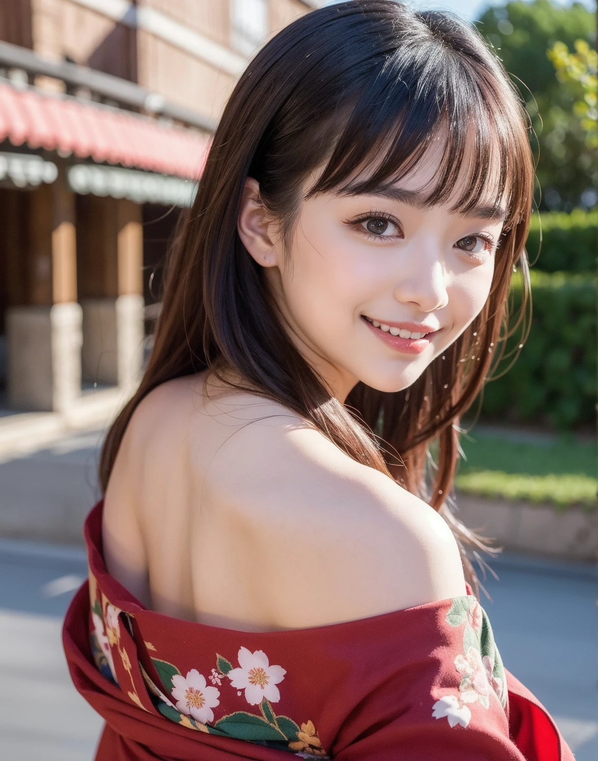 best quality, ultra high res, (photorealistic:1.4), 1girl, small breast,pink nipples, black choker, smile, bare shoulders, solo focus, looking at viewer,fair skin,sunset,cherry tree,photon mapping, physically-based rendering, RAW photo, highly detailed background,kpop idol,depth of field,torii,cherry blossoms,hair ornament,detailed face,shiny skin,game cg,full body,