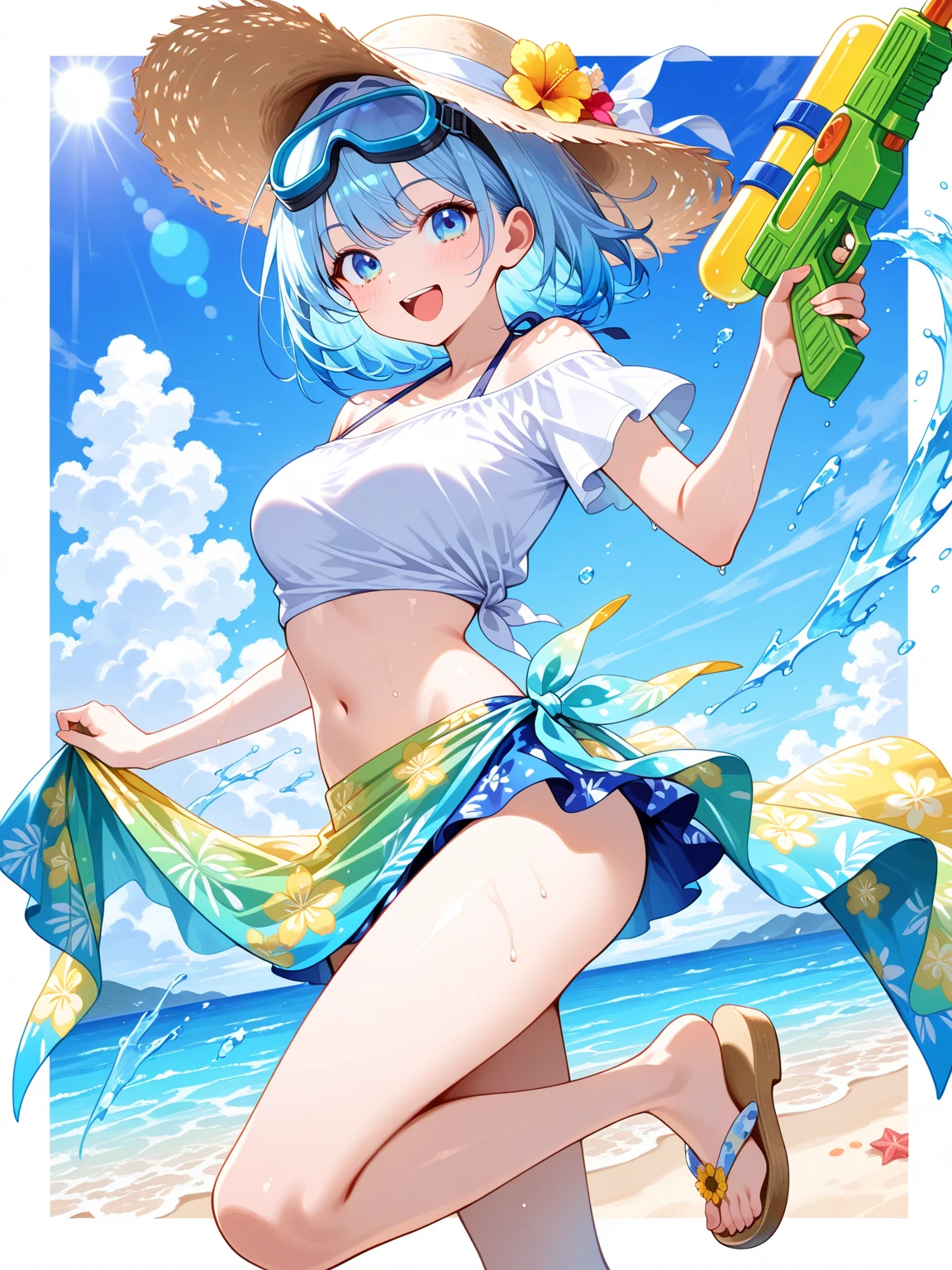 Anime girl standing on beach in bikini with umbrella and beach ball, azur lane style, A scene from the《azur lane》videogame, Kantai collection style, from girls frontline, in beach, on the beach, Bikini + tattered military gear, sandbeach, On a beach, swimsuit, realistic bikini, in the beach, bikini armor, On a sunny beach,The left hand and right leg are mechanical prosthetics