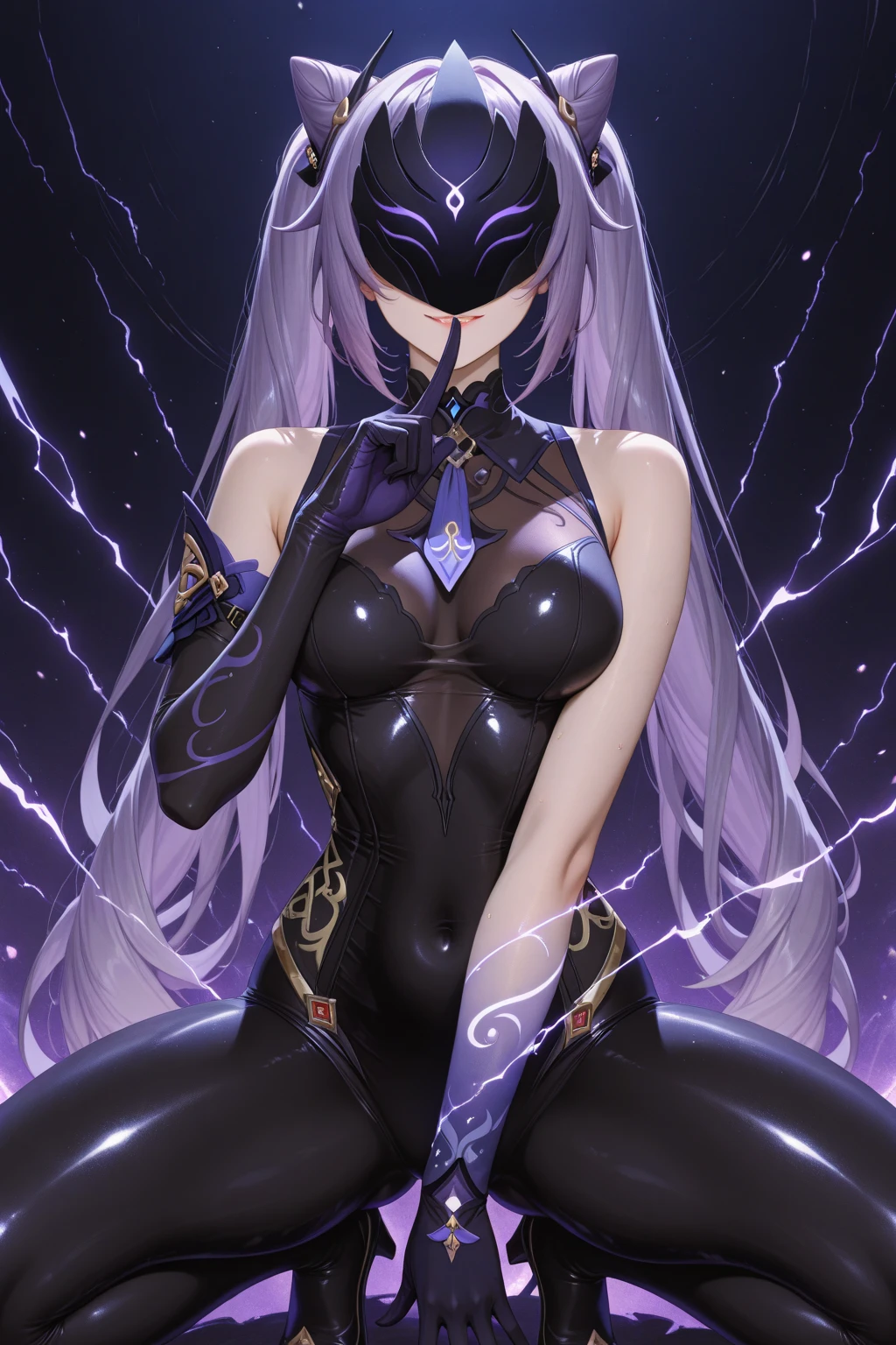 1girl, Senjougahara Hitagi, monogatari (series), masterpiece, best quality, absurdres, ethereal gallery lighting, art gallery chic style, yoga-inspired body art, complex artistic yoga pose, serene gallery setting, purple hair Clothing and body decoration:

Minimal, skin-tight bodysuit in a nude tone, allowing for full range of motion
Vibrant, flowing body paint in abstract patterns, emphasizing muscle definition and body lines
Paint colors transition smoothly: purples, blues, greens, and golds, creating an illusion of energy flow
Subtle shimmer effect in the paint, reacting to movement and light

ポーズ:

Complex yoga pose combining elements of scorpion pose and peacock pose
Legs extended over head, toes pointing towards the ground
One arm balancing the entire body, the other arm extended outward
Spine arched in a beautiful curve, demonstrating flexibility and strength

髪型:

Purple hair styled in a long, intricate braid
Braid wrapped around the body as part of the pose, integrating with the overall composition
Tiny flowers and leaves woven into the braid, Adding organic elements Accessories:

Minimal, body-conforming jewelry that accentuates the lines of the pose
Thin gold chains following the curves of the spine and limbs
Delicate, leaf-shaped ear cuffs that seem to grow from the ears

メイク:

Facial features accentuated with gold and purple highlights
Eyes enhanced with elongated, artistic liner designs suggesting peacock feathers
Lips with a subtle ombre effect, transitioning from deep purple to gold

環境:

Positioned on a large, circular platform covered in a mandala design
Surrounded by mirrors at various angles, multiplying the visual effect of the pose
Soft, directional lighting creating dramatic shadows that extend the lines of the body
Large-scale abstract paintings on the walls, echoing the colors and flow of the body paint

小物:

Yoga mat transformed into an abstract art piece, partially rolled and incorporated into the pose
Mist-like effect around the platform, suggesting an otherworld