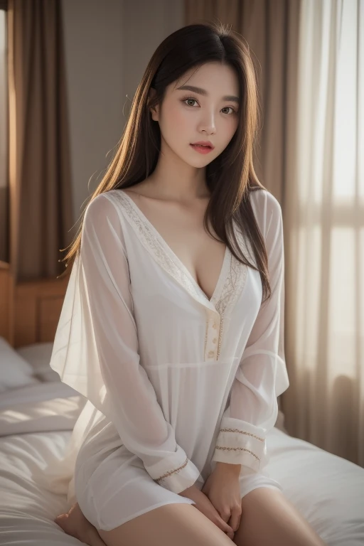 highest quality、4K、Perfect Face、Perfect Style、Sunburn、beautiful、cotton white pajamaature、long curly layer brown hair、Swept-back hair、full body, in bedroom、no make up、in morning、sexy 、charming、healthy、she is sleeping.