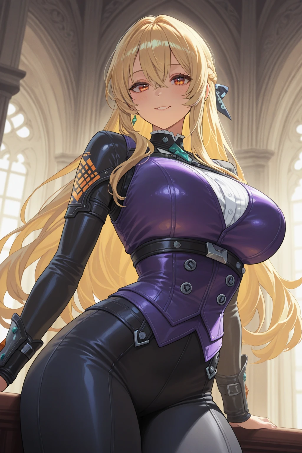 good anatomy, masterpiece, best quality, 4k, 8k, professional photography, soft light, sharp focus, realistic,
ANIME_bodysuit_ownwaifu,www.ownwaifu.com,long hair,breasts,bodysuit,cleavage cutout,leotard,pauldrons,huge breasts, cleavage,large breasts,bangs,blue eyes,sidelocks,lipstick,gloves,makeup,elbow gloves,blonde hair,armor,choker,hair between eyes,collarbone,shoulder armor,ponytail,red lips,puffy sleeves,eyebrows visible through hair,
office space, 1girl, sitting in chair, bookshelves, windows, desklamp,