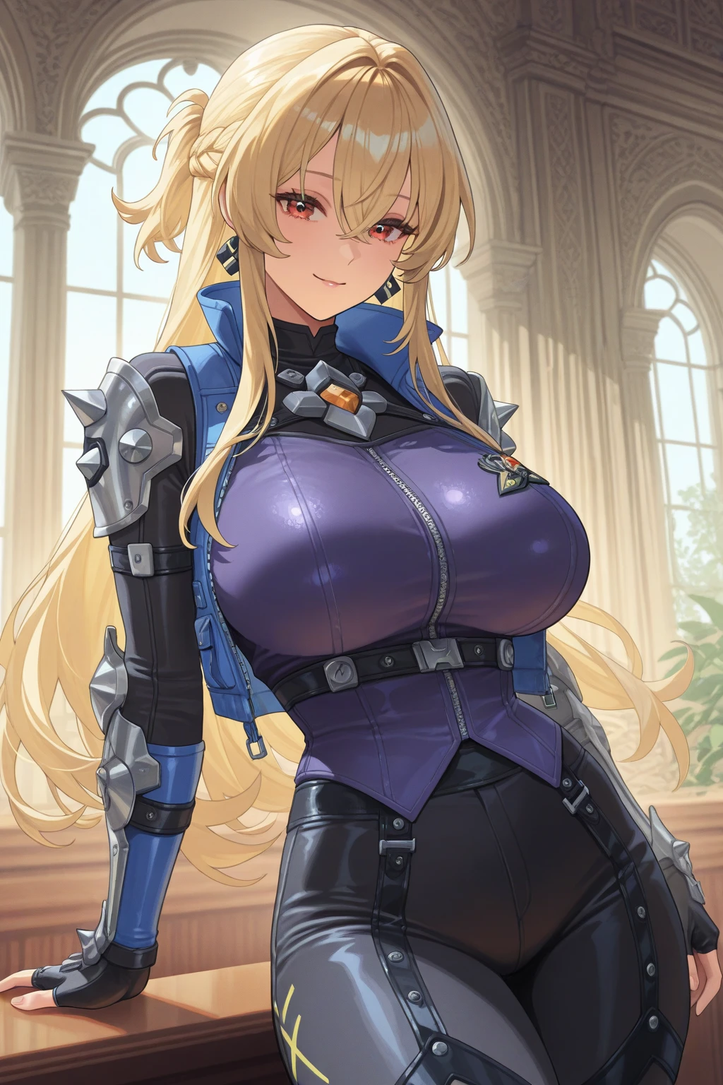 Blue translucent armor，Arm mecha，Short golden hair，Long ponytail hairstyle，Large Breasts，Cleavage，Pistol hanging from waist，fighter pilot，fighter hangar，sexly，Lipstick，miss，Golden Eyes，stockings，Short skirt