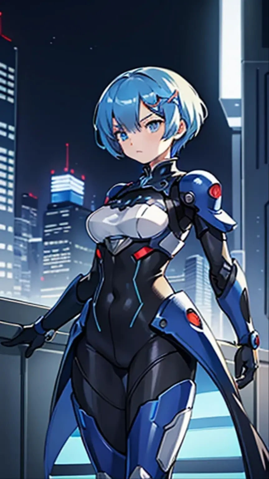 1girl, masterpiece, rem rezero, short hair, blue hair, blue eyes, serious, mechanical suit, black suit, portrait, night city background,