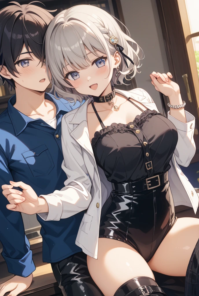 (8k、Best image quality、Highest quality、masterpiece)、Detailed face、One Girl、 girl、Black Hair、Bright Blue Eyes、Wicked Smile、((steam, sweat, Grin))、Small breasts、((Half Off Shoulder、Bra straps are visible、White oversized long shirt)), No underwear、Cowboy Shot、entrance、Open the door、(A big, muscular black man hugging her from behind:1.3)