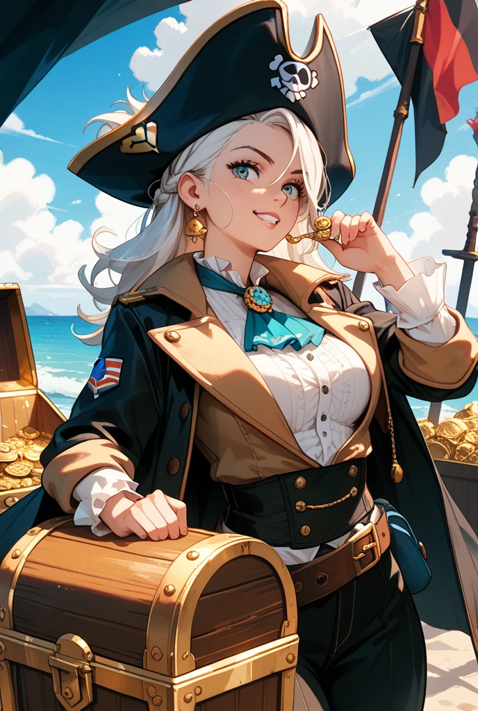 A young silver haired woman with green eyes with an hourglass figure in a pirate outfit is carrying a treasure chest on a tropical island with a big smile 