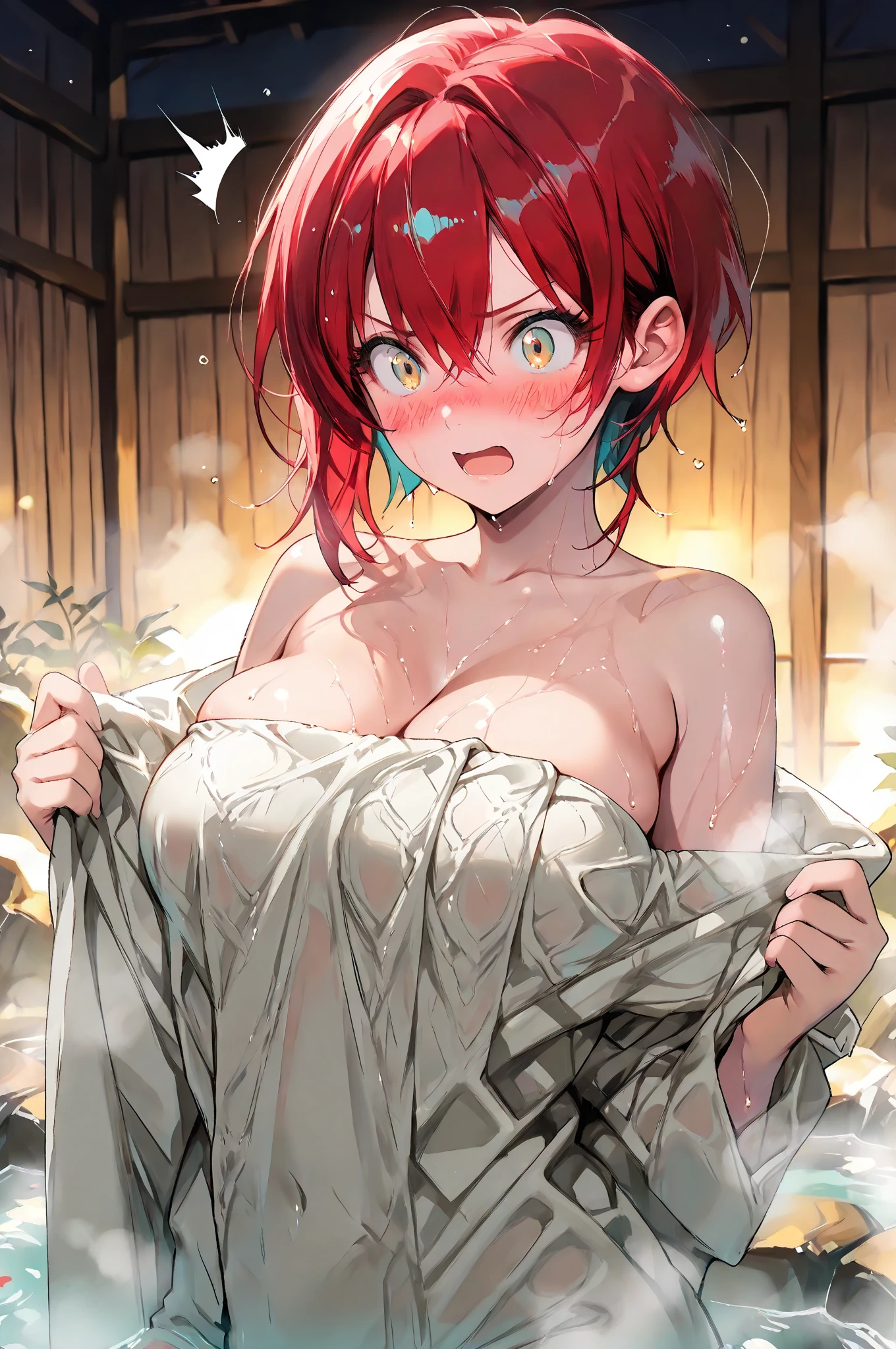 Kobayashi, blushing, frown,  (Bust size very very small.)),  (flat chest:1.2), ghost costume, triangular headpiece, off shoulder