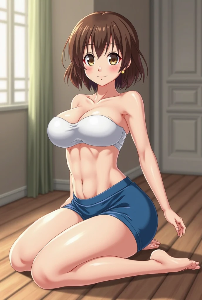 girl,Giant,Giant娘,Huge pussy,Looking down at the viewer,girlは座っている,My head is on the ceiling,Cramped room,Brown Hair,short hair,Mischievous Smile,Laughing maliciously,Big Breasts,Big Breasts,Swimwear,bikini,There is a narrowing,He has abs too.,Thighs,太いThighs,