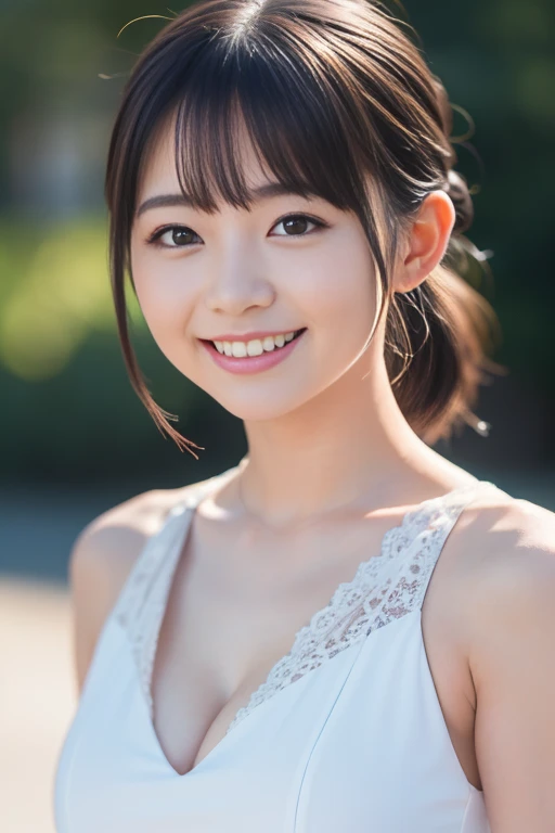 masterpiece , highest quality , Super detailed , 8K , cute woman , 1 girl , sleeveless dress , bangs , ashamed smile , , symmetrical eyes, small bust, 