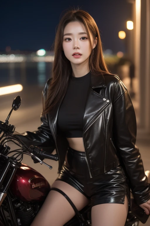 best qualtiy，tmasterpiece，超高分辨率，（真实感：1.4），RAW photogr，1girll，Face Highlighting，Pure，Raised sexy，Flushing，18yr old，long whitr hair（best qualtiy，8K，tmasterpiece:1.3），Goose egg face，largeeyes，long eyelasher，Exquisite（live-action realistic style），Star-like eyes，Ultimate face，Photorealistic light and shadow，Clear facial features，Milky white skin，Fair skin， highdetailskin， Realistic skin details， Visible Pore，（Super detail），（perfect bodies：1.1），long whitr hair，（dynamicposes），((Dynamic background((volumettic light：1.3))，Black leather jacket，the motorcycle，riding a motorcycle，Cold，Cold，Callous，Killer dress-up，Full body like，bladerunner，sci-fy，mirai