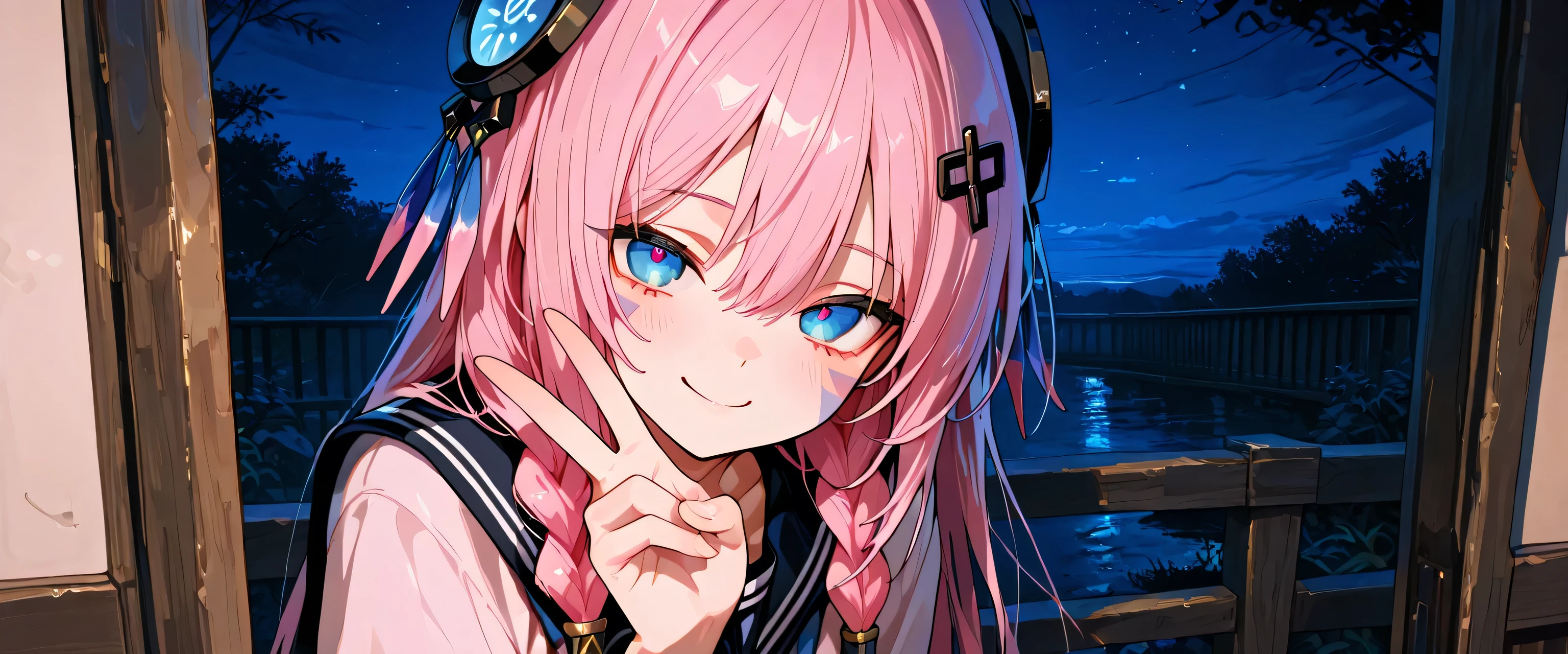 748cmstyle,score_9, score_8_up, score_7_up, masterpiece, best quality, amazing quality,, solo, 1 girl, citlali, long hair,facial mark,blue eyes,twin braids, pink hair, hair ornament,, accurate, smile, one hand peace, looking at viewers, night, out doors, cowboy shot