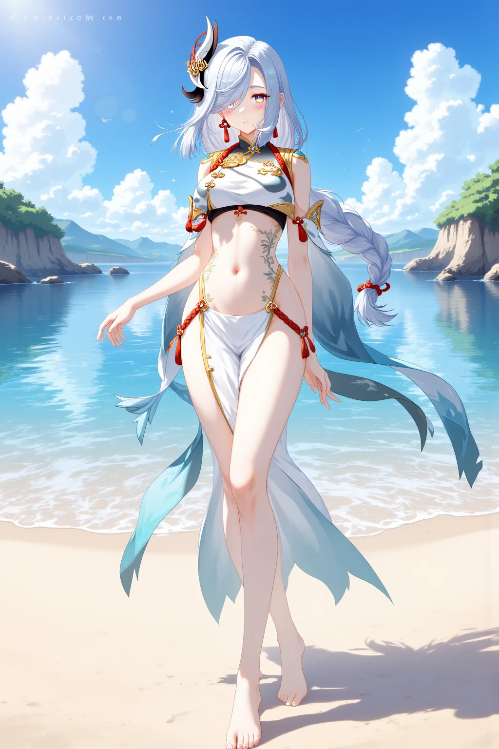 translucent, Good velvet quality, Compared, Divine Light,, Silver gray hair, Sky background, Absolute Strength,Female angels，With energy wings，Girl in sexy silk, at the seaside, Colorful jewel-like eyes.，Large Breasts，Full breasts，Golden ratio figure，Perfect body，Ultra wide-angle shooting，Full body shot，Body close-up，Look at the audience，, Wearing a tulle bikini, Model shooting style, Large Breasts，Full breasts，Golden ratio figure，Perfect body，(Extremely detailed CG 8k wallpaper unit), The most beautiful artistic photos in the world, , 8K Ultra HD, soft light, high quality, Film Grain, Fujifilm XT3 Clear focus, f 5.6, High Detail, Clear focus, Dramatic, (Wearing openwork clothing), (Looking at the audience:1.8), (Natural light), (Tempting)