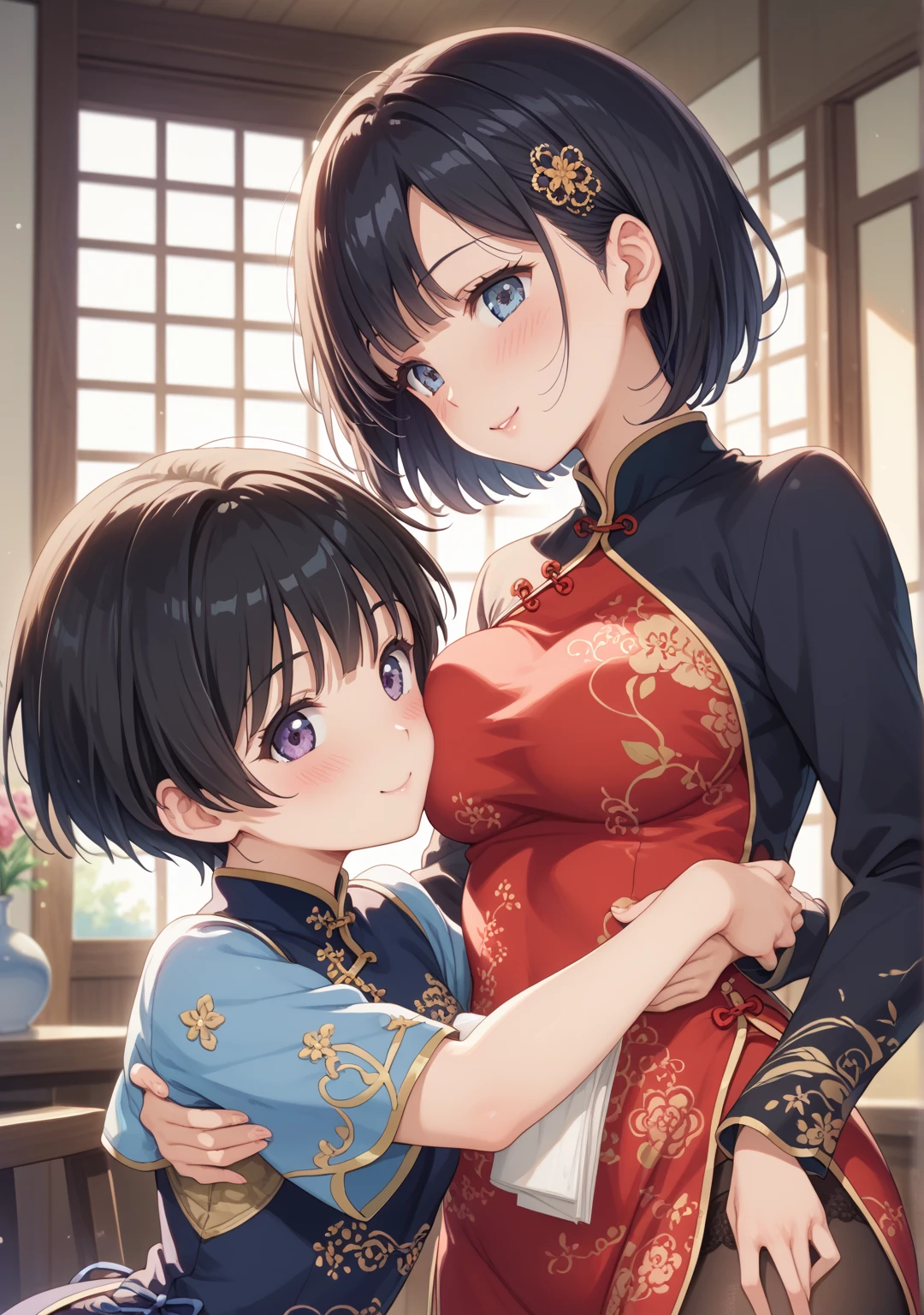 Period drama manga style　A 15-year-old super beautiful Chinese girl with black hair in a bun cut(1 person)　She is wearing a royal long-sleeved Chinese dress　She takes a bath with the perverted old man emperor　She cries as she is washed　She has visible nipples