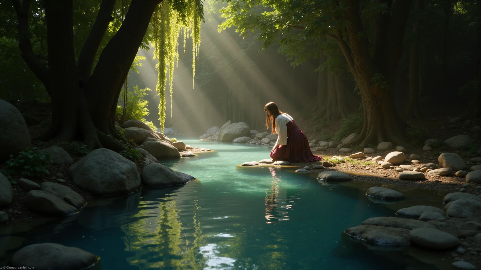 A beautiful woman leaning on the flowing water,Kneeling by the stream in a crisp white robe,Drop mirror in hand,Willow swayed lightly,Green forest hidden。 --auto