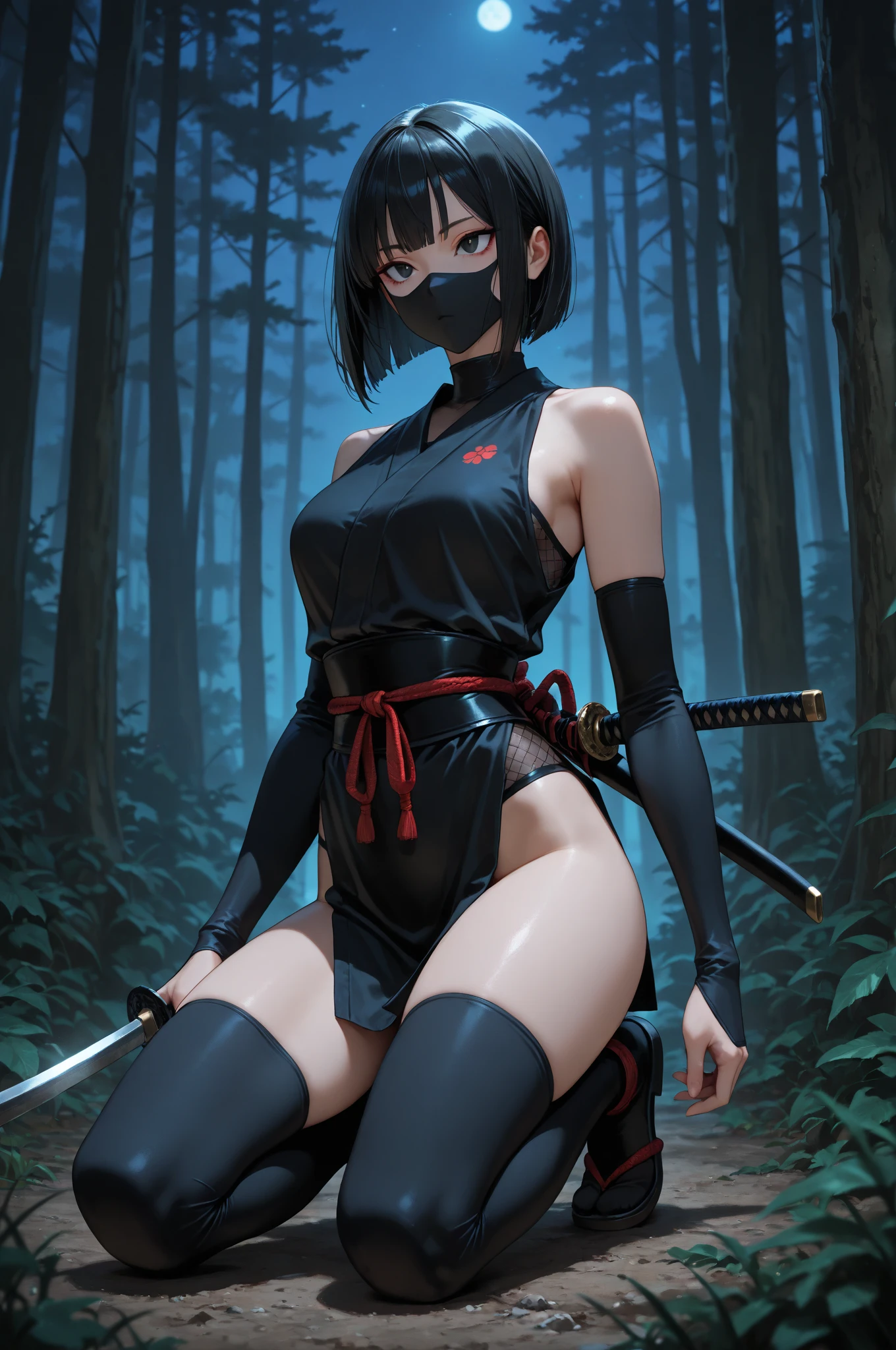 ((best quality)), ((masterpiece)), (detailed),(full-body image) ino from Naruto, quite feminine, kunoichi outfit,black hair, ponytail, small breasts, athletic, teasing, serious, sensual, in a forest,