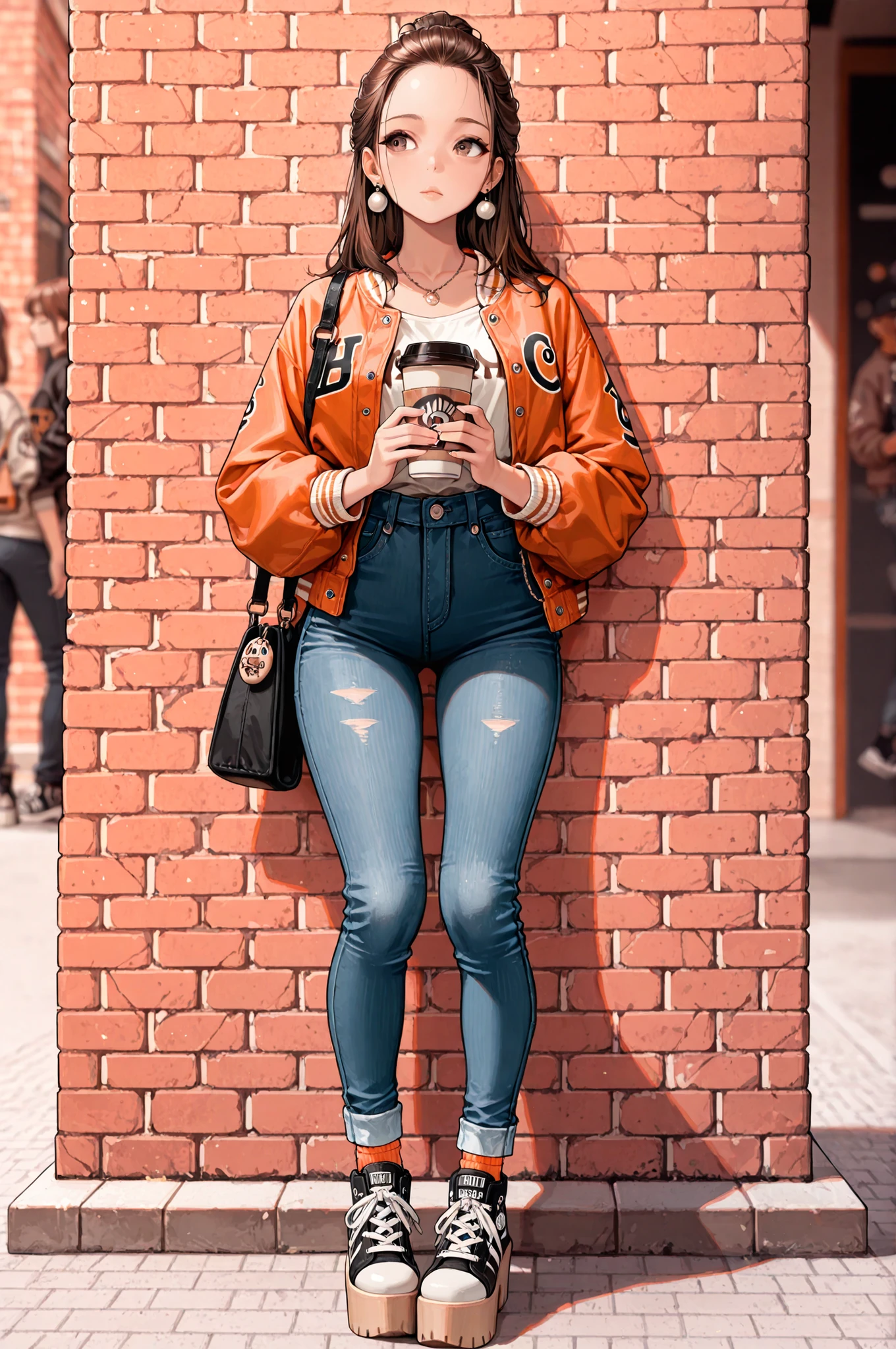 masterpiece,best quality,absurdres,depth of field,cute 1girl,earrings,necklace,brown eyes,brown hair,half updo,forehead,perfect body,Baseball jacket,hipster jeans,
socks,platform sneakers,put a hobo bag on her shoulder,holding to-go coffee cup.,stand against the brick wall,full body,contour_deepening,