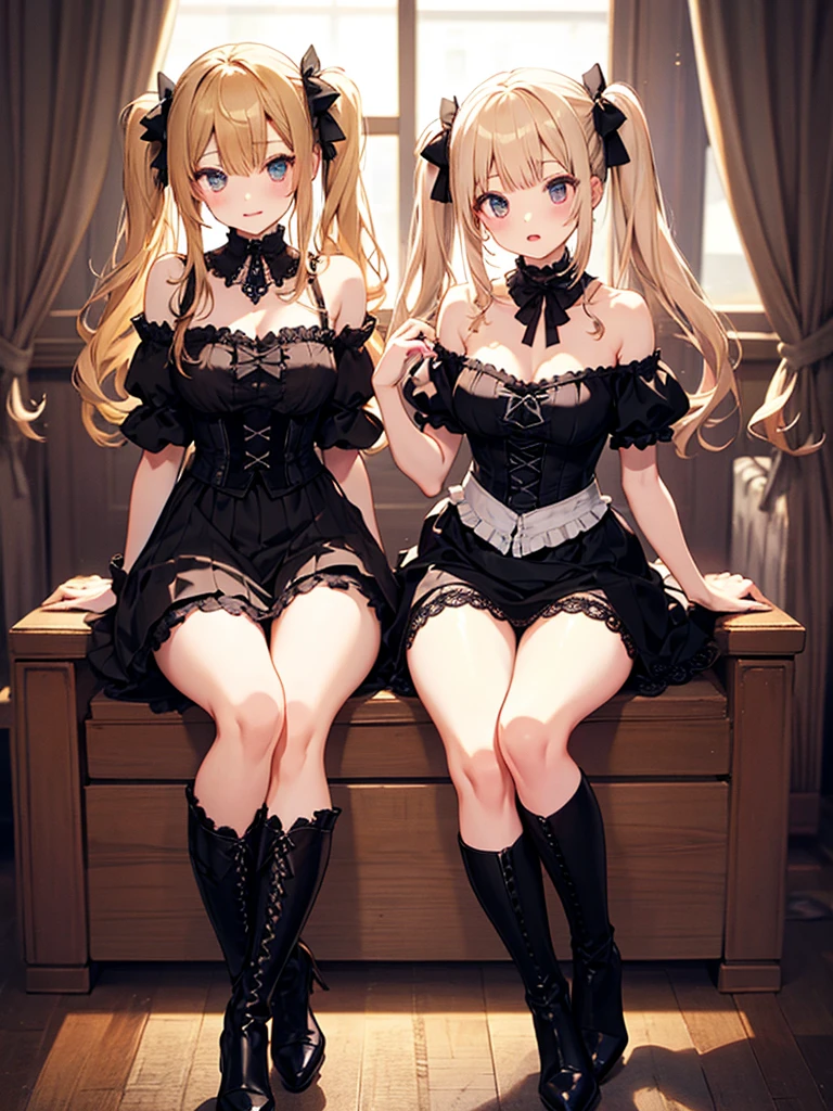 (((top-quality, masterpiece))), (best quality), (detailed), light layer, depict young princess girl, teenage girl, happy, smiling, red lipstick, highly detailed beautiful face, delicate girl, delicate face, beautiful face, blonde straight hair, deep blue eyes, (((small breasts))), nice hips, flat belly, slim waist, defined chest, defined collarbone, ultra realistic, photorealistic, detailed, ,Enhance, (((sofisticate lace pretty princess dress))), ((spreading legs)), ((showing lace panies)), deep clivage dress, frills and ribbons, ((black lace stocking, lace gloves)), golden tiara, jewelery, white spotlight, (((sitting in a luxurious throne))),  cinematic shadow, extremely detailed and beautiful background, warming atmosphere. 