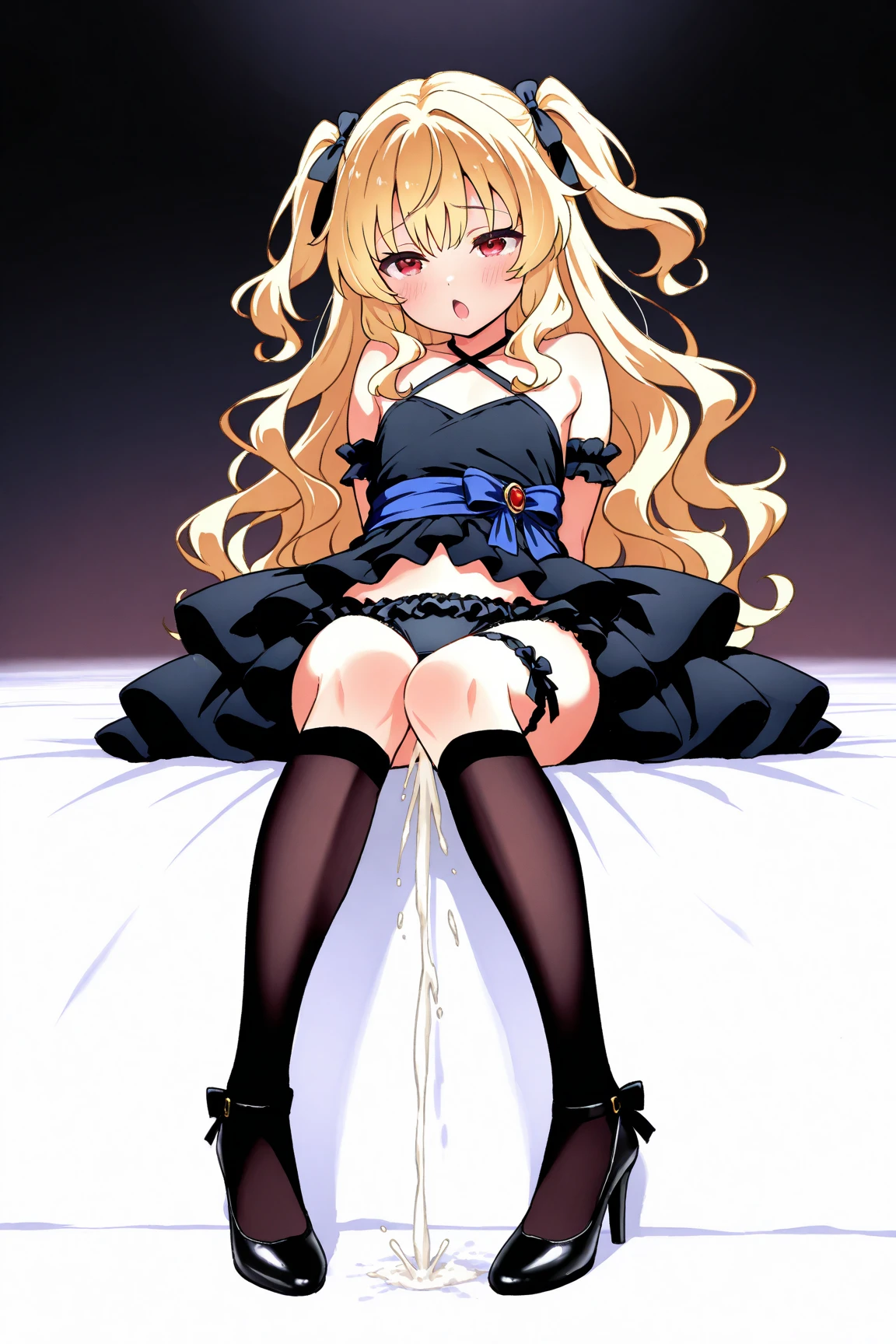 ( Girl whole body :1.7)（（Highest quality））， （（masterpiece））， （detailed：1.4），(Beautiful 14 year old girl:1.6),（Panoramic View：1.2，Full Body Lesbian：1.2） (Shiny skin:1.2) ,Beautiful image Marie Rose,, , Smooth white clothes , (See-through clothing :1.2), Cat-shaped headdress, Blonde hair in twin ponytails, blue eyes,, Cat&#39;s Tail, jewelry, Earrings ,compensate, Blushing a delicate face, The right move , ( Crouch your feet and assume a front paw pose:1.3) stockings, Strap sandals ,Beautiful and detaileded HEELS , (Small feet:1.3)Wallapā,, Beautiful Style , Get a glimpse of the contours of her skin and chest （Best quality and best detail，tmasterpiece，Official Art，Cinematic lighting effects，4K),Open legs and look at panties