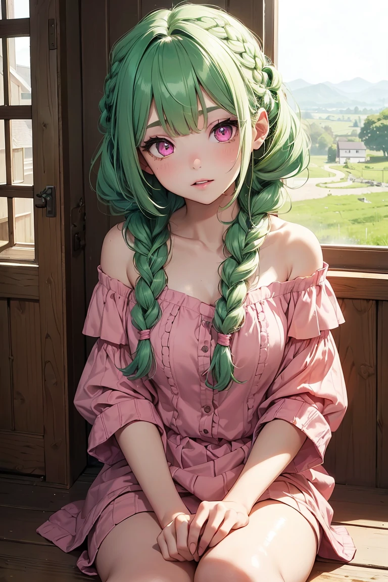 how well you'd do as your favourite anime girl? | anime_cute, 1girl, solo, kanroji mitsuri, multicolored hair, green eyes, mole, pink hair, braid, green hair, sweater, long hair, gradient hair, mole under eye, looking at viewer, twin braids, breasts, parted lips, off shoulder, lips, sleeveless, autumn leaves, bare shoulders, autumn,mitsuri(demon slayer)