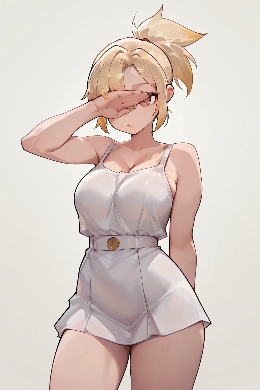 masterpiece, highest quality, High resolution, One Girl, Hamriz, ponytail, Brown eyes,big , Micro Bikini、Beach,Outdoor、Upper body close-up、blush、Sweat、Composition from the front、anime、(((Dark brown bikini、真Composition from the front、Sweat、Embarrassing、blush、Stand in front、Pussy Line、audience)))