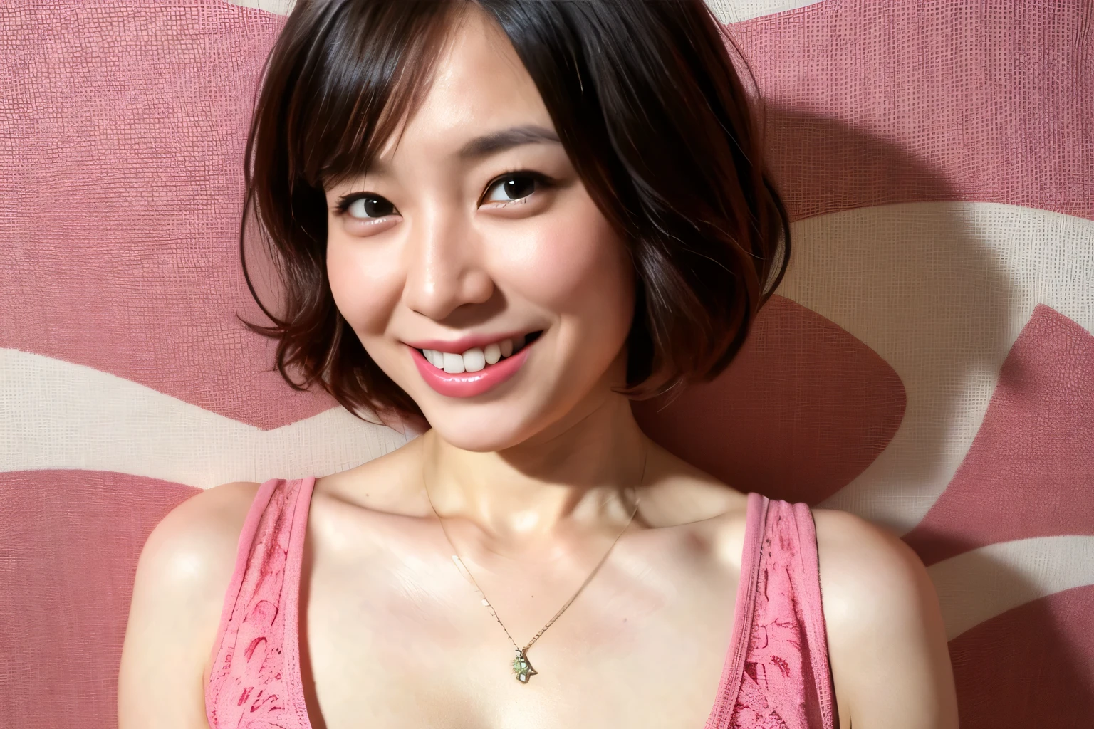 Tabletop,8k,(real，High resolution:1.3)， One girl with a perfect body， Very beautiful face and eyes，Hair length， (Gives a pink tingling sensation:1.4),Short jeans,Big smile、indoor,(Stylish bedroom),Small Necklace,Barrette,(Low twin tails)