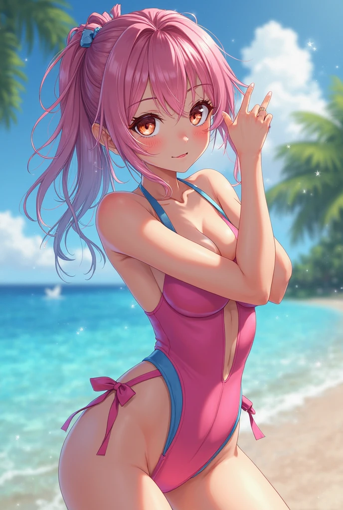 Realistic、1girl、(happy smile:1.3),(cute face:1.5),(tareme:1.3),(white hair pink hair hair gradient hair:1.3,looking back),(blue eyes)、(crossed arms)、(kind eyes:1.3)、(stand),(short hair),( portrait:1.3,face focus:1.3,cowboy shot),(white striped bikini:1.3)、(small breasts),(midsummer beach:1.3)、(hairpin:1.5)