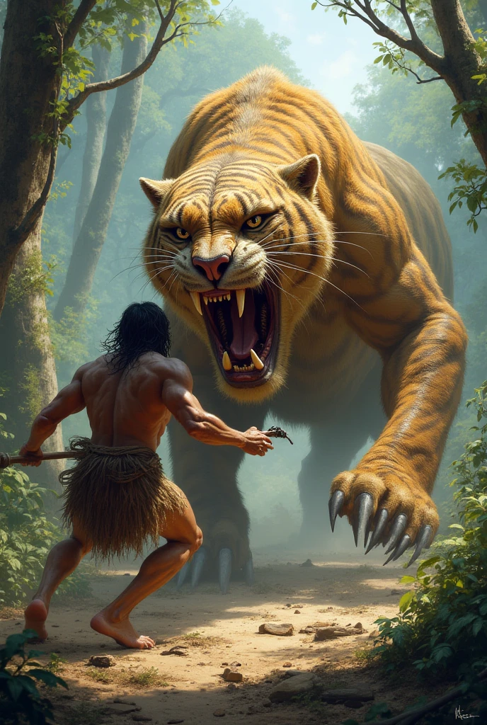 Sabertooth preying on a skinny, weak caveman, with a scared look, no chance of defense
