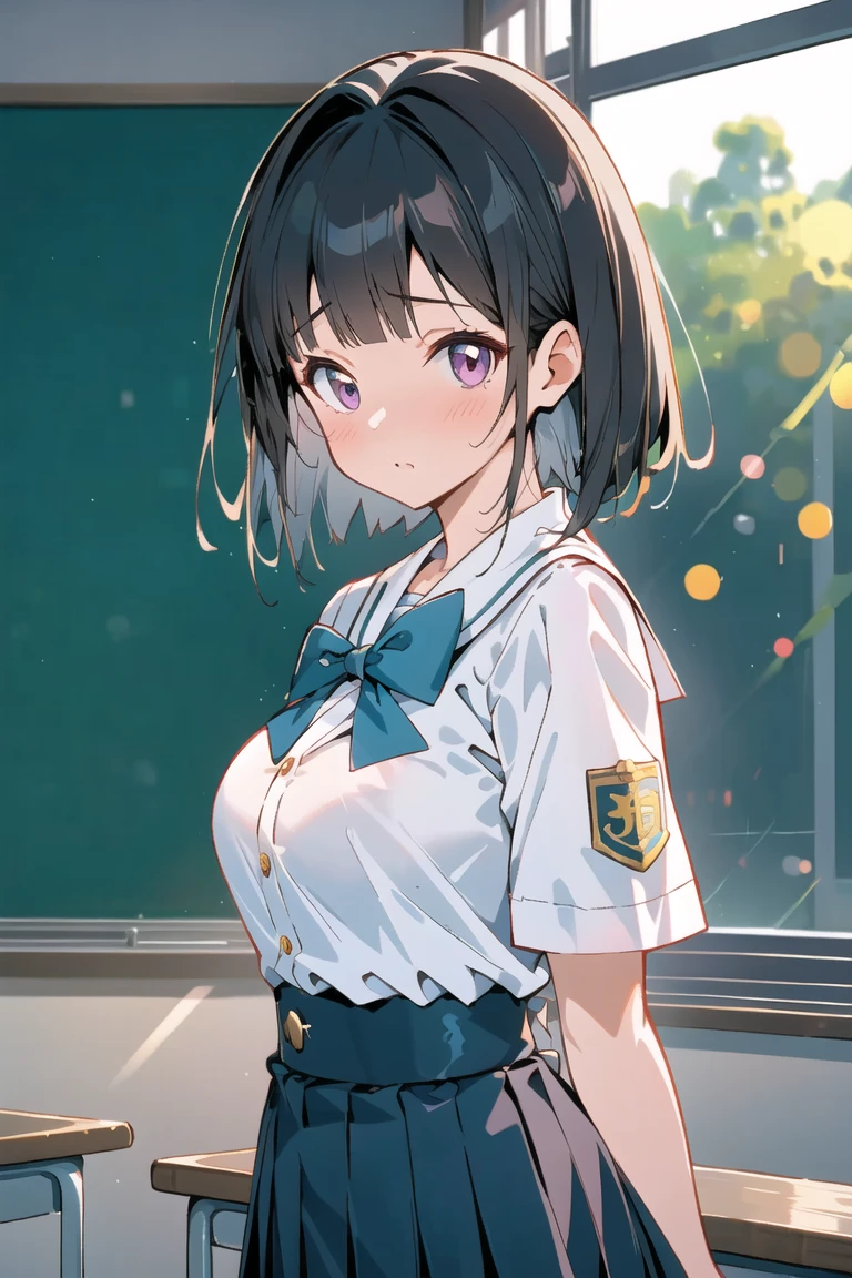 One girl,18-year-old,Excellent anatomy, masterpiece, Highest quality,Realistic, hyperRealistic, 16k hdr,, disease, short hair, Black Hair, blue eyes, Glasses, , Yellow neckerchief, Collared shirt, Sweater vest, (Blue Vest:1.2), Short sleeve,Armband, Checked skirt, Grey Skirt, Are standing, Leaning forward, Outdoor, From below,Spread your legs,Micro Panties,String,Are standing,Camel Toe,(Sweat:1.2),blush,Sexy pose