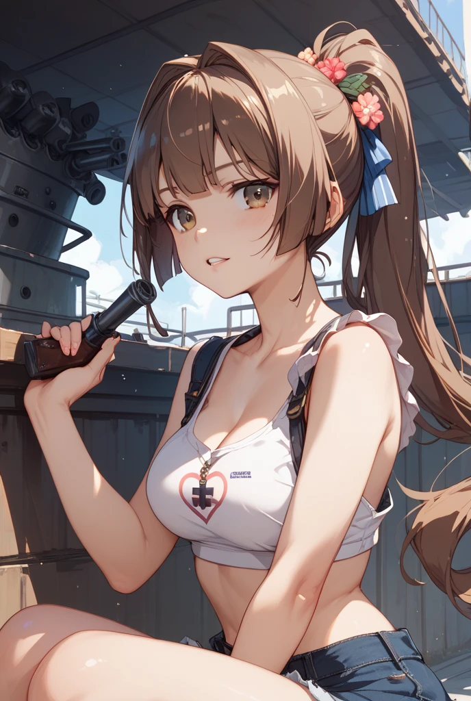 masterpiece, best quality, highres, hmanis, short hair, ahoge, hair ornament,,gym uniform,red buruma, white shirt, short sleeves, thighs,