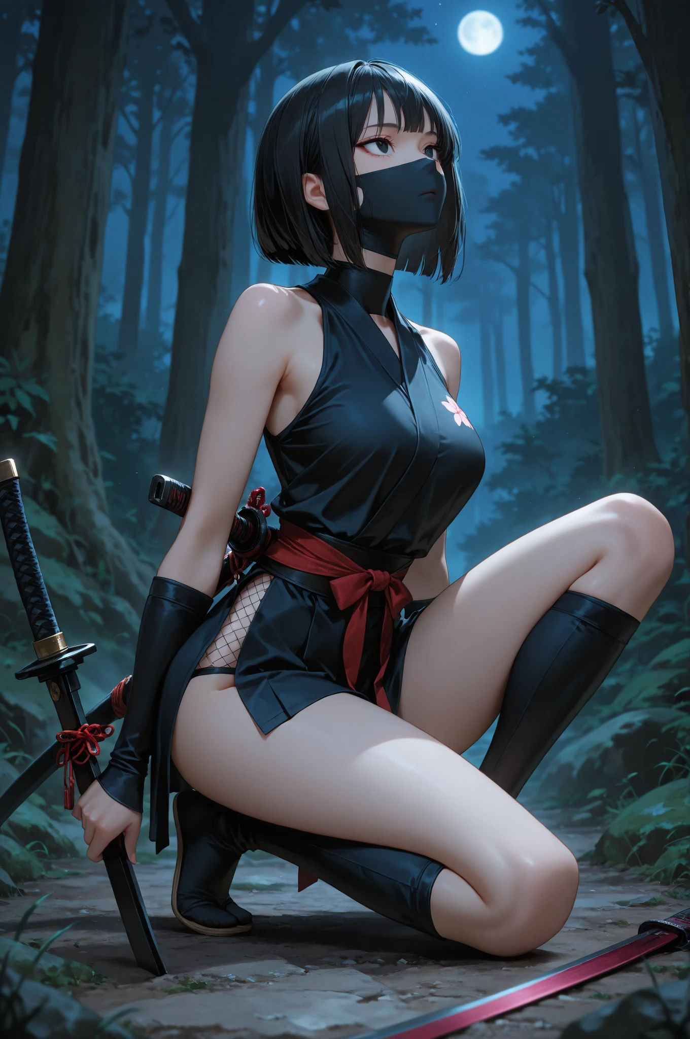 best quality}, {{masterpiece}}, {highres}, Perfect waist cut, Large breasts, Warrior girl with a small short sword on hand, Skimpy organza transparent clothes, organza elements on clothes, net clothes, leather glossy elements on clothes, dark blue hair with red highlights, (perfect nose), Seductive gaze, dark blue knee high boots on high heels with red highlights, (Best Illustration), 8k Resolution, Intricate Details, Best Quality, Realistic, Ultra Detailed, Best Lighting, Best Shadows, Ultra HD, A Necromancer style, Night, Magic, Dark Style, Vampire, (shining red eyes:1.6), masterpiece, high_res, Beautiful face, tyndall effect, photo realistic, (high detailed skin:1.2), 8k uhd, dslr, high quality, Photograph, high resolution, 4k, 8k, Bokeh, absurdres, ponytail contorted, best ratio four finger and one thumb, front view, dark blue hair gorgeous, perfect proportional skinny fitness body, full body view, wet skin, wet clothes, dark cathedral baground scenery, huge bobs, belly muscle, long fit perfect legs, fishnet dark red Stockings, realistic reflection in the water
