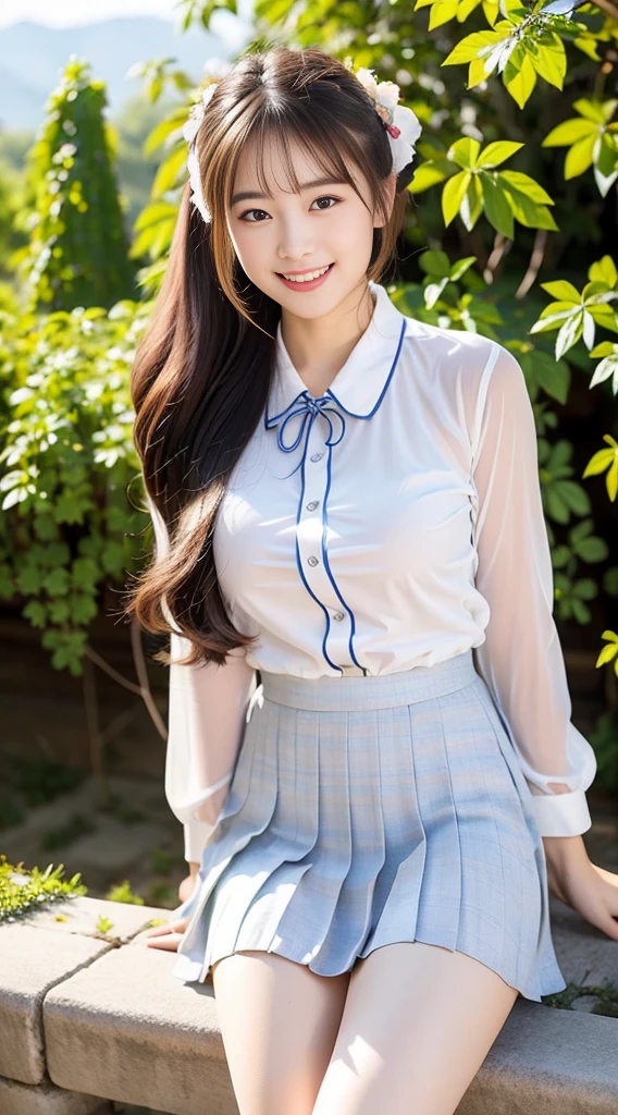 8K, Ultra-high resolution, Highest quality, masterpiece, 三分割法によるphotograph,Surreal, photograph, 1 girl, (16 years old:1.3), pretty girl, Cute face, Beautiful eyes in every detail, 細かくdetailedに,masterpiece,, One Girl:1.2, Japan Female Announcer,whole body、Black Hair、well-groomed eyebrows、Cute Lip Makeup,garden,squirt,summer,Sparkling sunlight,Blouse with collar,Pencil Skirt,Cute gestures、so beautiful,A carefree smile,Healing the heart,blunt bangs,Looking at the audience、beauty,Long neck、Laugh a little、Please close your mouth and laugh、(((Ideal body type))),A-cup small breasts :2,、Portraiture:2、Perfect Anatomy、鮮明なdetailed、detailed、Surreal、Light and shadow,Strong light