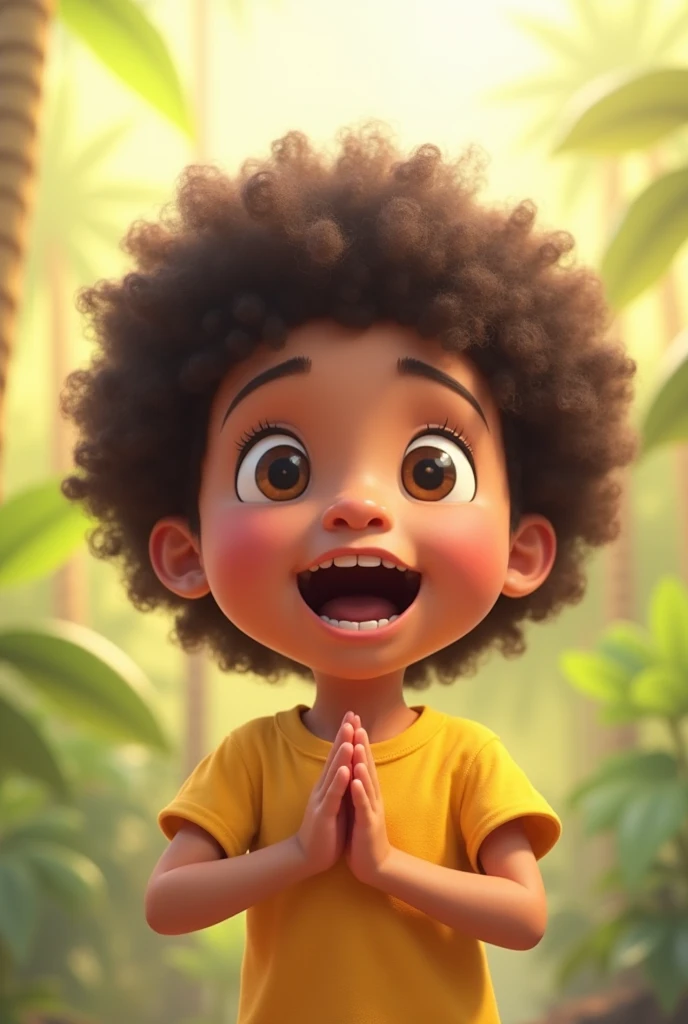 Black African child praying green eyes in 4k ultra realistic cartoon style 