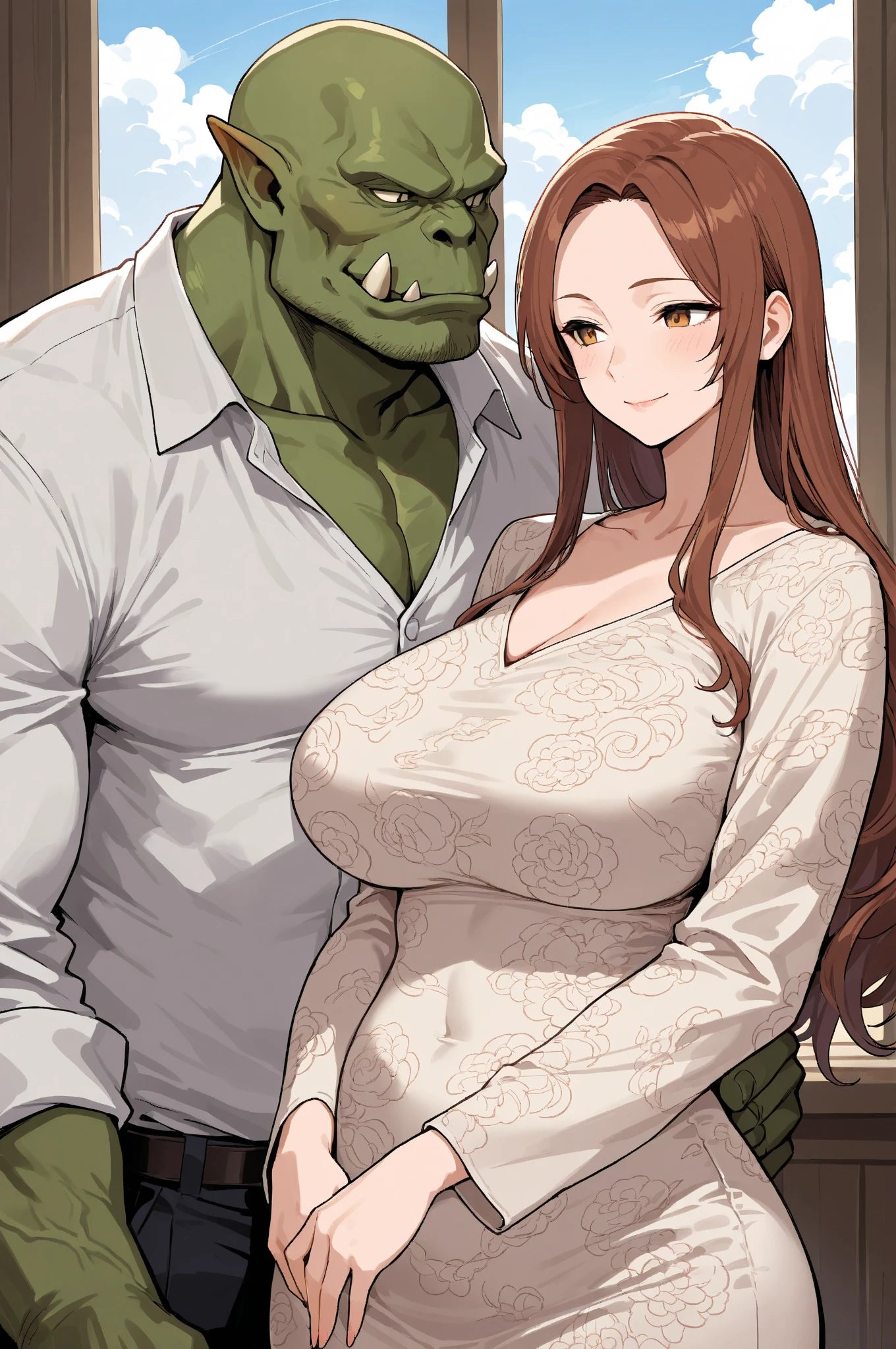 nsfw、Bestiality、Sex with Orc , Busty Woman, Milft, huge breast, Mature Woman, full body, White bra, Cumshot,