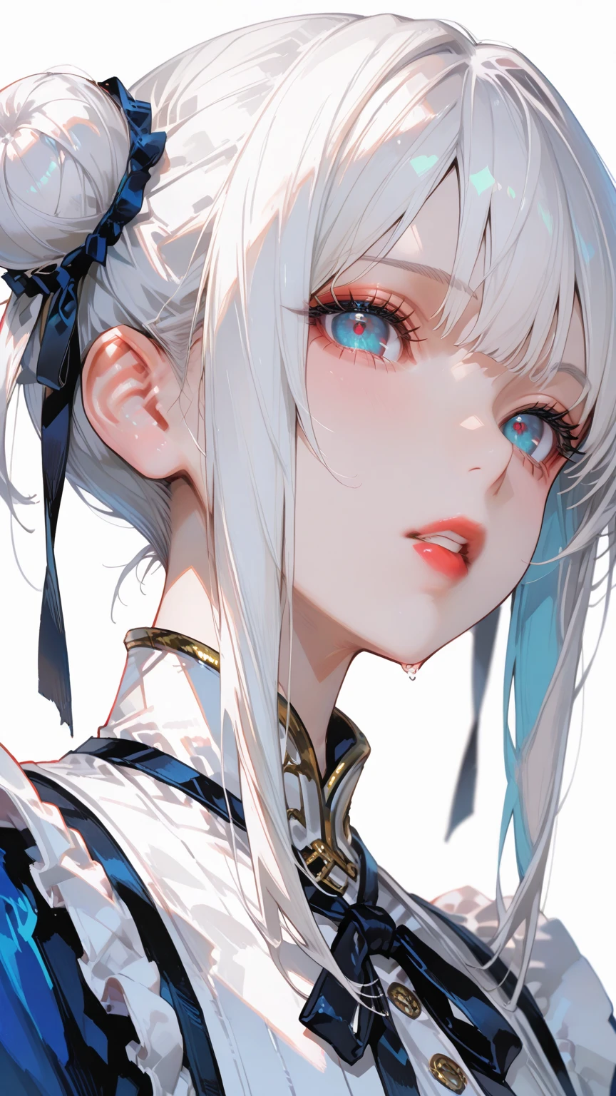A woman with long white hair and blue eyes wearing a blue dress - SeaArt AI