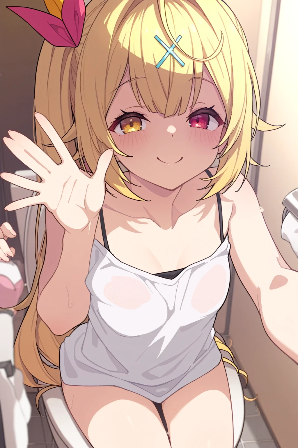 expensive body, expensive, Long legs, mature female, mature, Adult, It is_KonoSuba_darkness, darkness (KonoSuba), One girl, Blonde, blue eyes, Long Hair, hair ornaments, x hair ornaments, ponytail, Open your mouth, Completely naked、 alone, Aqua (KonoSuba), Anime Coloring, chest, Day, Parody, Outdoor, Upper Body、傷だらけCompletely naked巨乳、Lower body naked