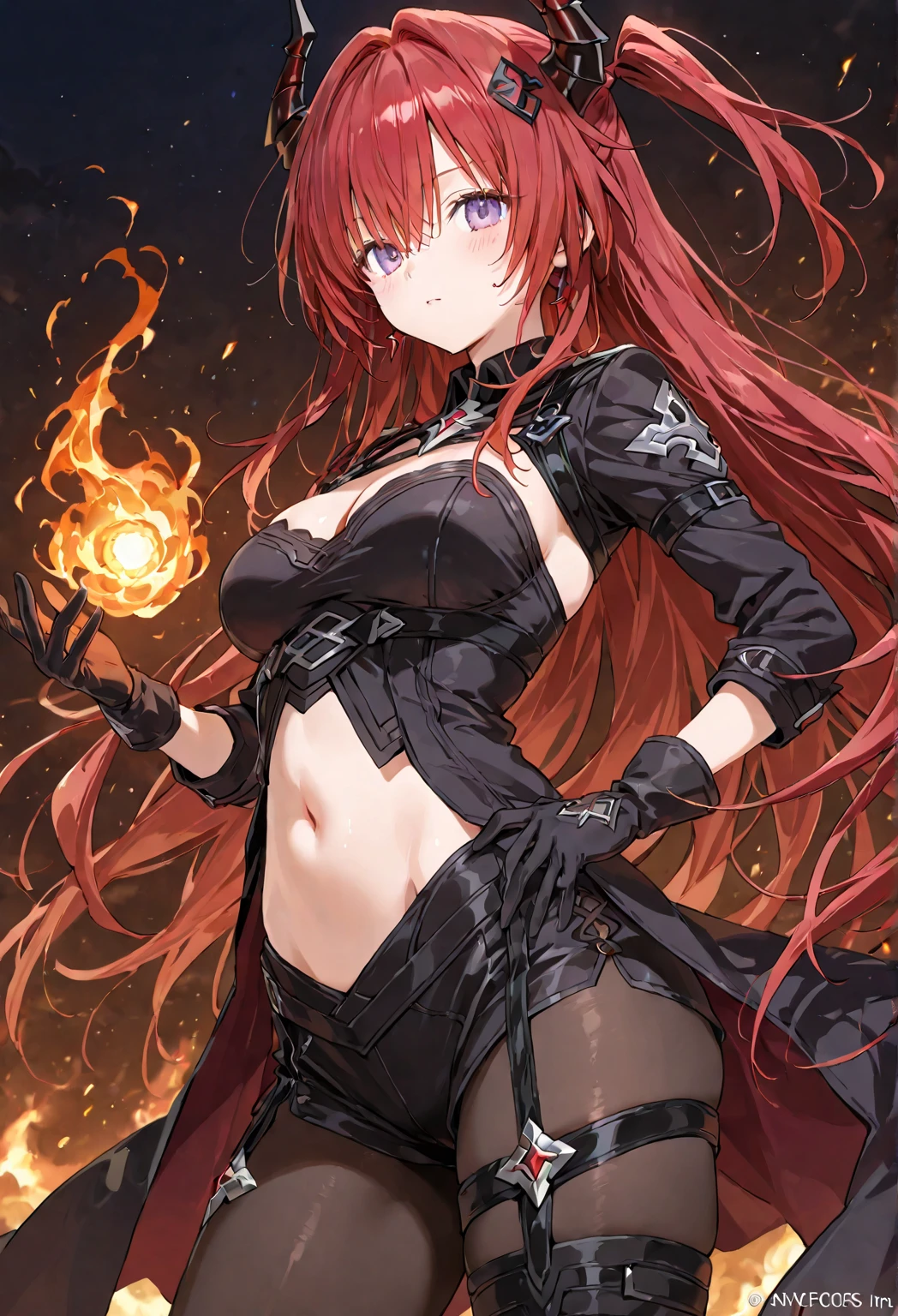 masterpiece, Highest quality, One girl, alone, Yellow Eyes, Redhead, Small breasts, Devil&#39;s , Devil&#39;s Tail, Devil&#39;s Wings, Little devil horns, Pointed Ears, (Small breasts), (Flat Chest), Twin tails, Bat Hair Ornament, Cape, White shirt, White legwear, Teddy bear, beret, gloves, bangs, Owns a stuffed toy,Micro Bikini