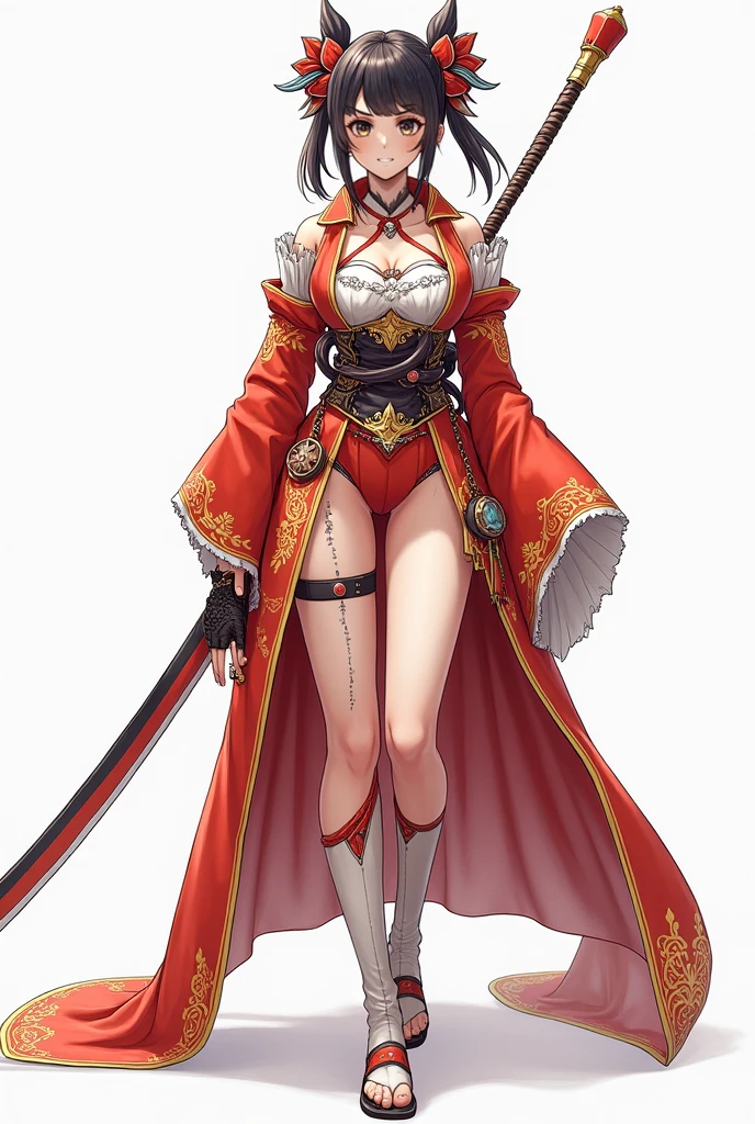 ((masterpiece,best quality,8k,highres)),((character concept art)), 1 female, adult, middle-age woman, demon, devil, fighter, 192cm height, long hair, flat bangs(red hair colour), ultra finely detailed eyes, red eyes colour(bright), extraordinary gorgeous, playful, smirk smile, shapely breasts, hourglass body shape ((muscular))(sexy), ((intricate detail)), super finely detailed hands, ultra finely detailed fingers(((ten fingers))), (fashion sport bra),(black mix gold colour outfit)(stylish), (cropped leather hooded jacket), short hot pants(black), black shoes, gold necklace, gold bracelet, a lot tattoo, tattoo on arms, tattoo on legs, (standing still), (full body showcase), (show full body), (no logos on background), (no logo), ((plain background)), (((empty hands))), ((plain background)), (((empty background)))