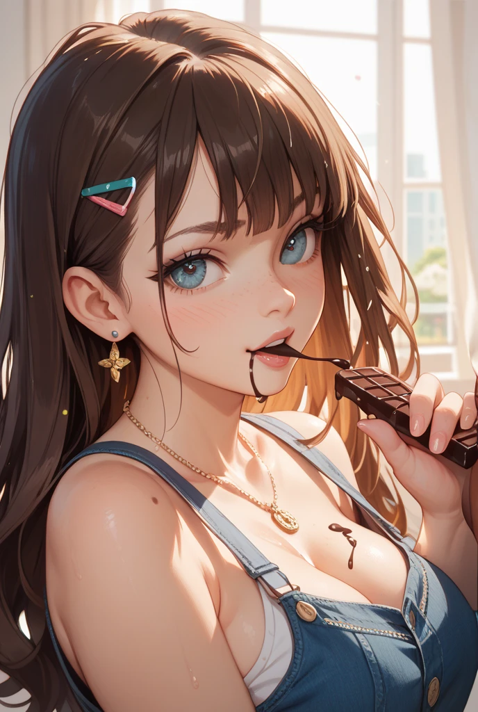 highest quality、4K quality、Beautiful cleavage、Beautiful Style、tall、Small breasts、Bare buttocks、Small Ass、Shy face、20 year old blonde princess、Bare shoulders、My skirt is blown up by the wind、ultra detail eye,Shooting from behind、Off-the-shoulder gorgeous dresses、Sticking out tongue and licking chocolate popsicle、realistic tongue、Holding a chocolate popsicle with your fingery whole body is wet、Small face、Soft skin quality、Shooting from the front、Melting chocolate popsicle