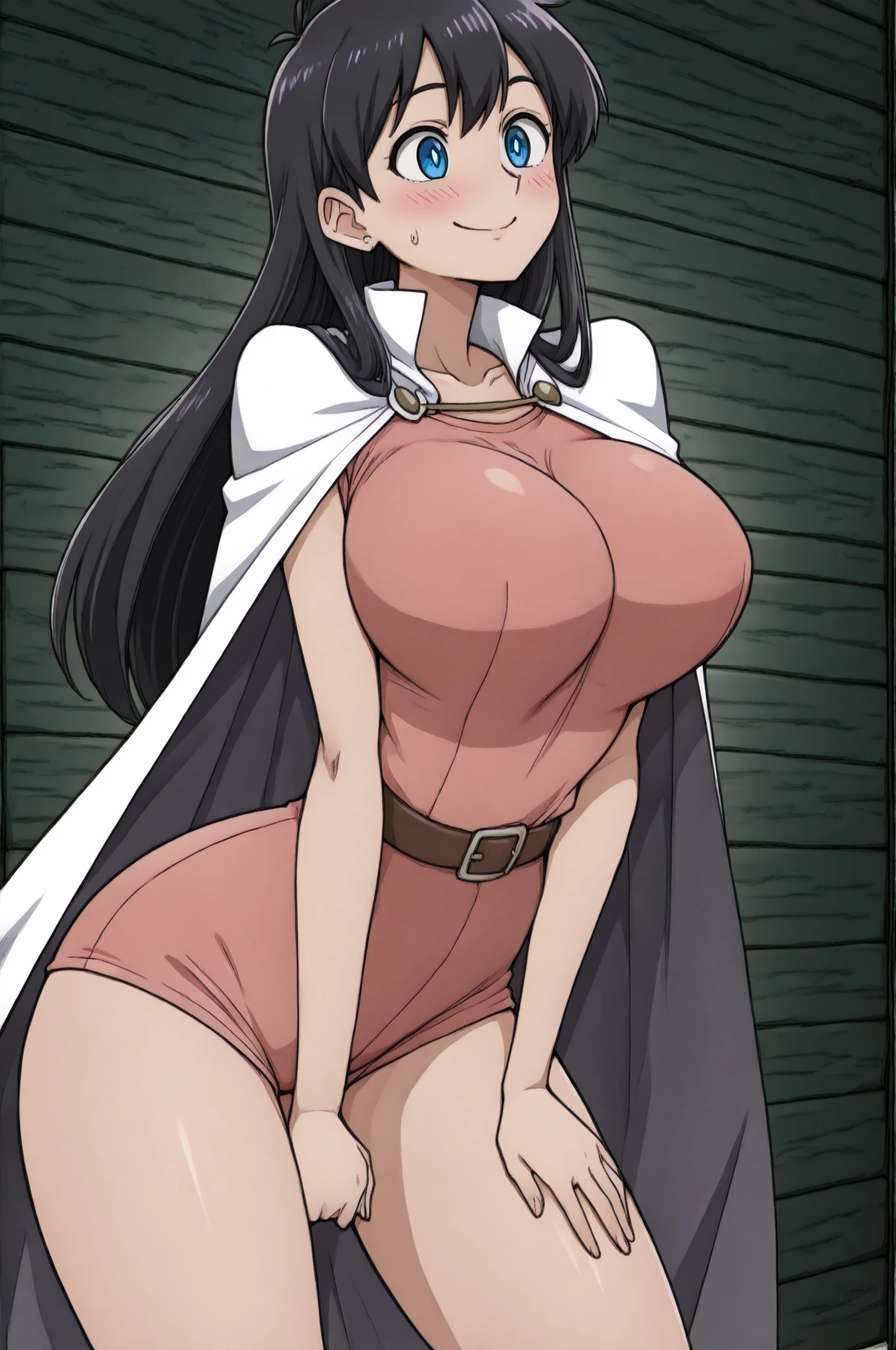 vampirella, gigantic breasts, wide hips, black hair, blue eyes, night, sharp teeth, :d, forest, fog, <lora:Vampirella-10:0.6>, <lora:Zyugoya-10:0.6>