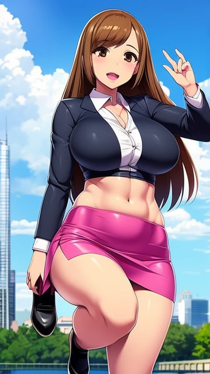 A girl with light skin, sexy, cute, leaders, long brown hair, her brown eye, wears a pink button-down blouse, shows her navel, and a short blue skirt, black shoe, and she travels, flying, sky, city background.