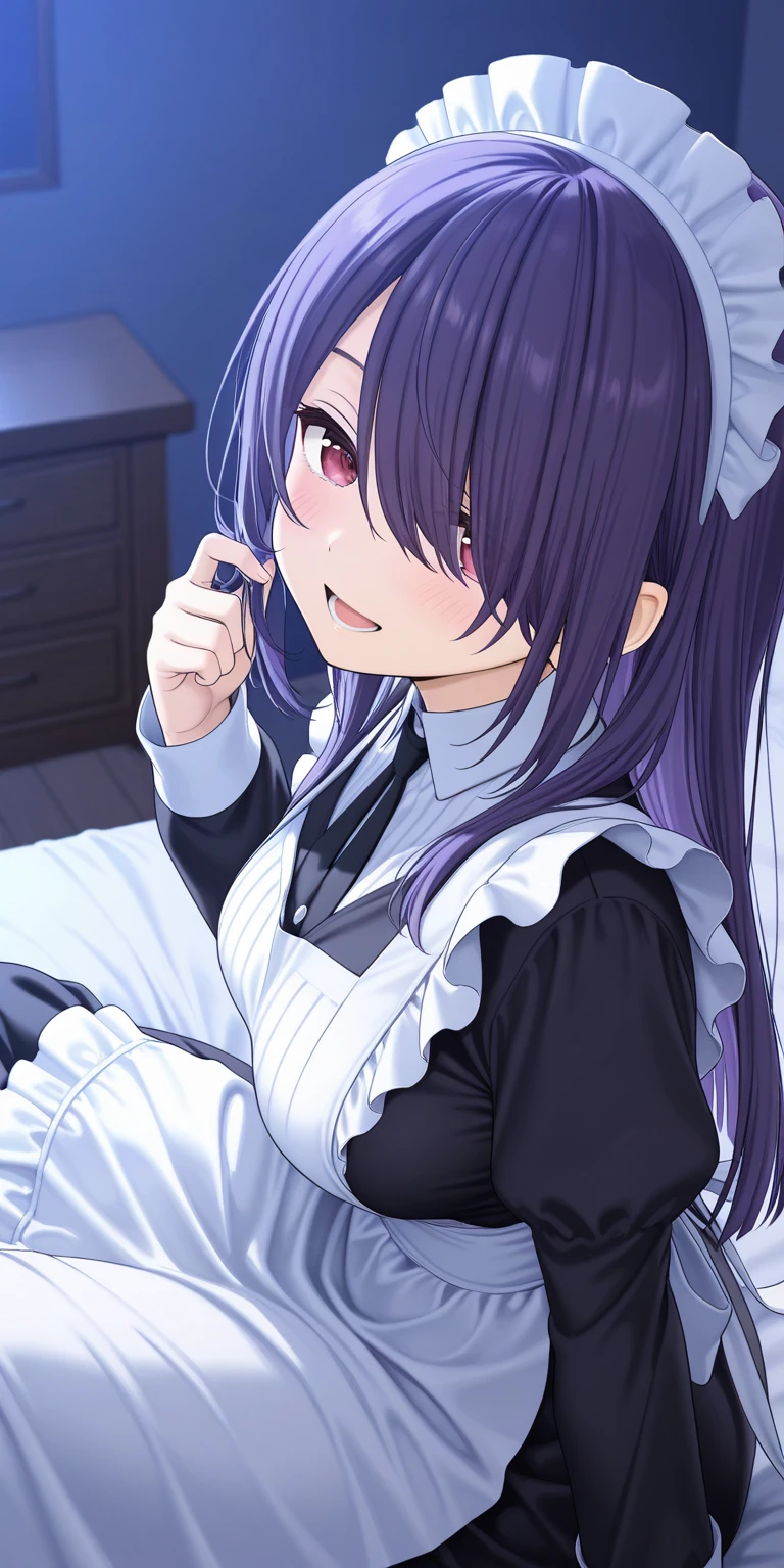 masterpiece, best quality, ultra-high-detailed, pantyjob, panties on penis, 1boy, 1girl, frederica bernkastel, purple eyes, purple hair, long hair
