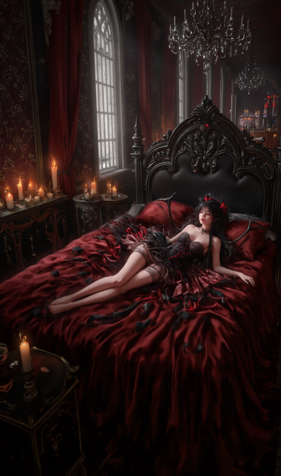 ((A very beautiful demon queen,Lying on your back in bed,Spooky and gothic bedroom,Giant Devil Tiara,Big Princess Dresses,Final form as a complete demon,The Devil's Masterpiece,Huge and intricate demon wings,Wings with a very elaborate texture,Wings with a very complex texture,Creature wings with a very realistic texture,Wings of a terrifying monster,The most intricate and luxurious gothic dresses,Bright red lipstick,Red Eyes,The most gorgeous princesses dress up with achievements,The most beautiful princesses in the world,Spooky and beautiful demons,The cutest face,Intricate and solemn black dress,Evil and beautiful demon,The most majestic appearance of the Demon Queen,Huge Queen Tiara,The most complex depictions of demons,Accurate reproduction of perfect demonic details,The appearance of an unimaginably gorgeous demon,The unimaginably huge and beautiful appearance of the demon)),((Beautiful wavy hair,The most luxurious and intricate dresses)),((((laying on back,She is lying on the bed with her back turned,Lying on your back,Sleep in bed,Take photos from directly above,From directly above,Photograph her from directly above,Bedroom at night,darkened room,Very dark room,Midnight,Spooky lighting,dim room,Spooky and luxurious rooms,Luxurious Devil's Room,Devil decoration in the room,Gothic and luxurious bed)))),(eyes glowing red,Glowing red eyes,Glowing red eyes)),Chest that seems to burst,A dress that tightens the waist,Slimed,Colossal tits,Emphasize body lines,Giant wings of the devil,masutepiece,8K,very intricate,ultra-detailliert