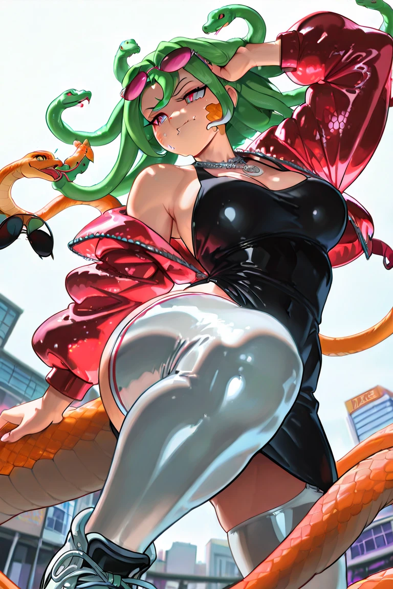 Masterpiece, 8k, super delicate, best light, furry, anime girl in the jungle with dragon head and dress, dinosaur man maid with her back to the audience and looking back at the audience, she has big and beautiful eyes, wears a sexy lace-trimmed son-in-maid outfit, stockings on her legs, and her high upturned dragon tail lifts up her skirt to leak pink lace-trimmed panties, revealing a seductive and shy expression. Hot reptile humanoid woman, lizardman, with scaly skin, as an anthropomorphic dragon, dragon girl, but as an anthropomorphic dragon,, --v 6