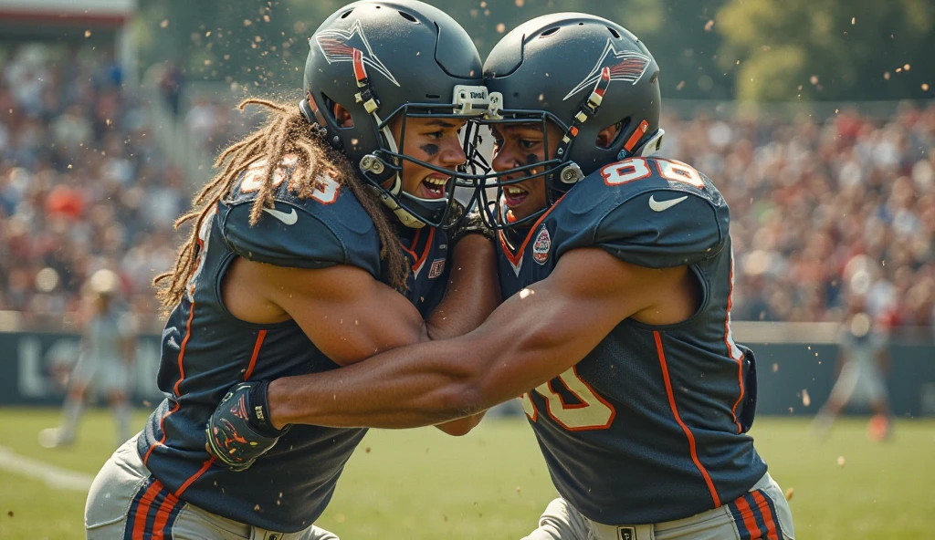 Asian young rugby player A and Asian rugby player B。A has a buzz cut and dark skin、Muscular。Wearing sleeveless rugby uniforms。B has short hair and is a muscular jock。A and B kiss and embrace each other tightly after a rugby match.