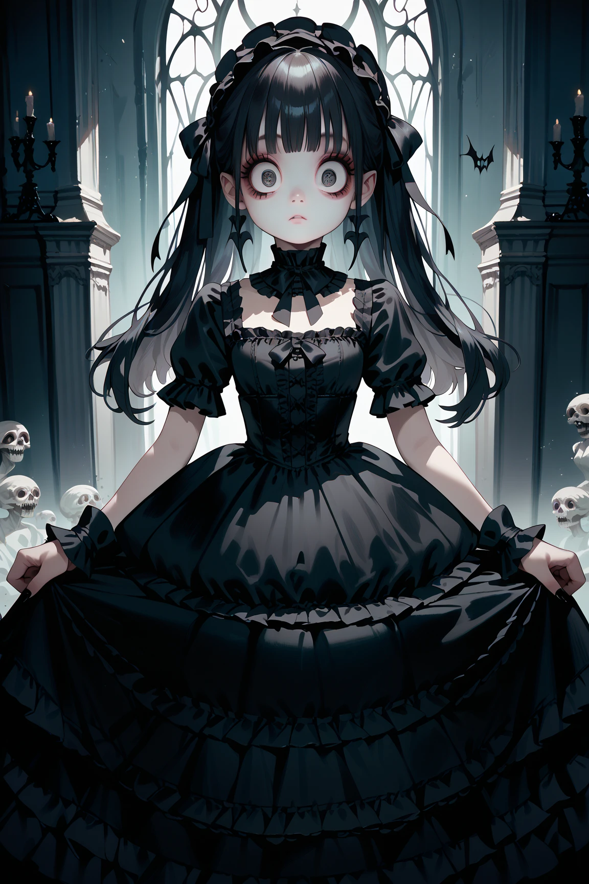 score_9, score_8_up, score_7_up, score_6_up, Character concept art of two twins holding hands, lolita fashion, split white and black hair, creepy smiles, purple eyes with abstract white shapes in them, surrounded by arcing chains and mirrors, high detail establishing shot. cinematic, bokeh, use of color theory