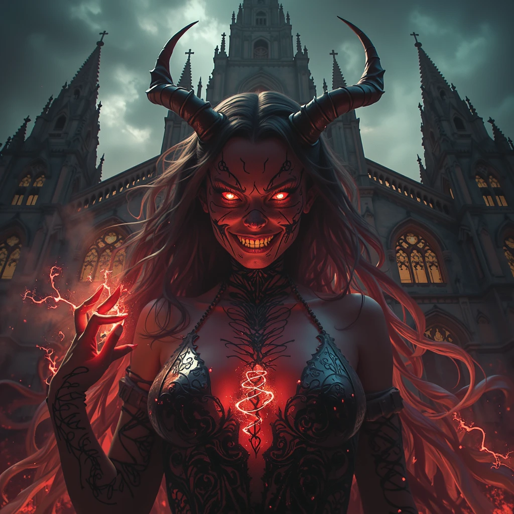 portrait oil on canvas painting , dark gothic church, beautiful busty Asian succubus woman, long thin demon tail, black eyes, sharp fangs, sharp teeth, vampire fangs, monster teeth, evil, dark, mysterious, black leather warlock dress, black smoke, demon horns, full body view