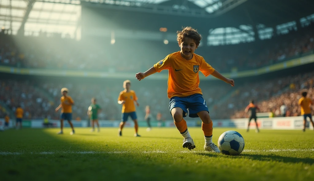 

Description: A group of boys are playing football on a dirt field. They all wear boots from a well-known brand., and the game develops enthusiastically.

