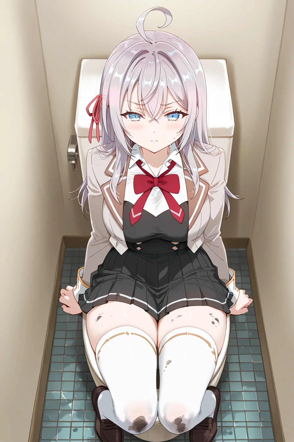 AiKitagami, 1girl, solo, breasts, skirt, shirt, red eyes, thighhighs, twintails, school uniform, white shirt, white hair, necktie, red necktie, clothes around waist,spread legs, panties,lying,<lora:AiKitagamiCharacter:0.8>