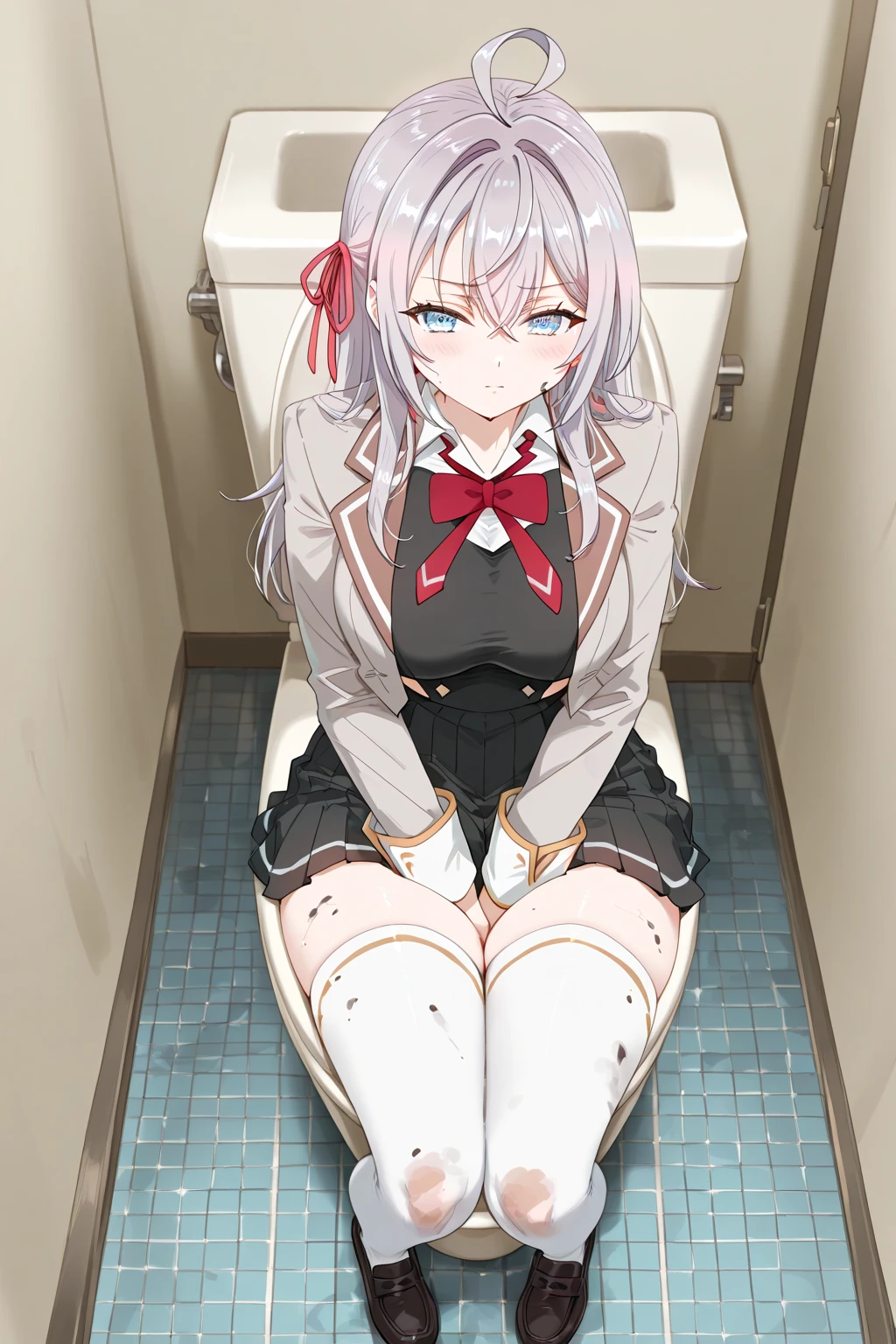 masterpiece, highest quality, highest resolution, clear_image, detailed details, White hair, long hair, cat ears, 1 girl, red eyes, white lab coat (with a black short skirt, white scarf (around the neck), cute, full body, no water marks, laboratory, no extra limps, no extra body, NSFW, small breast, no panties