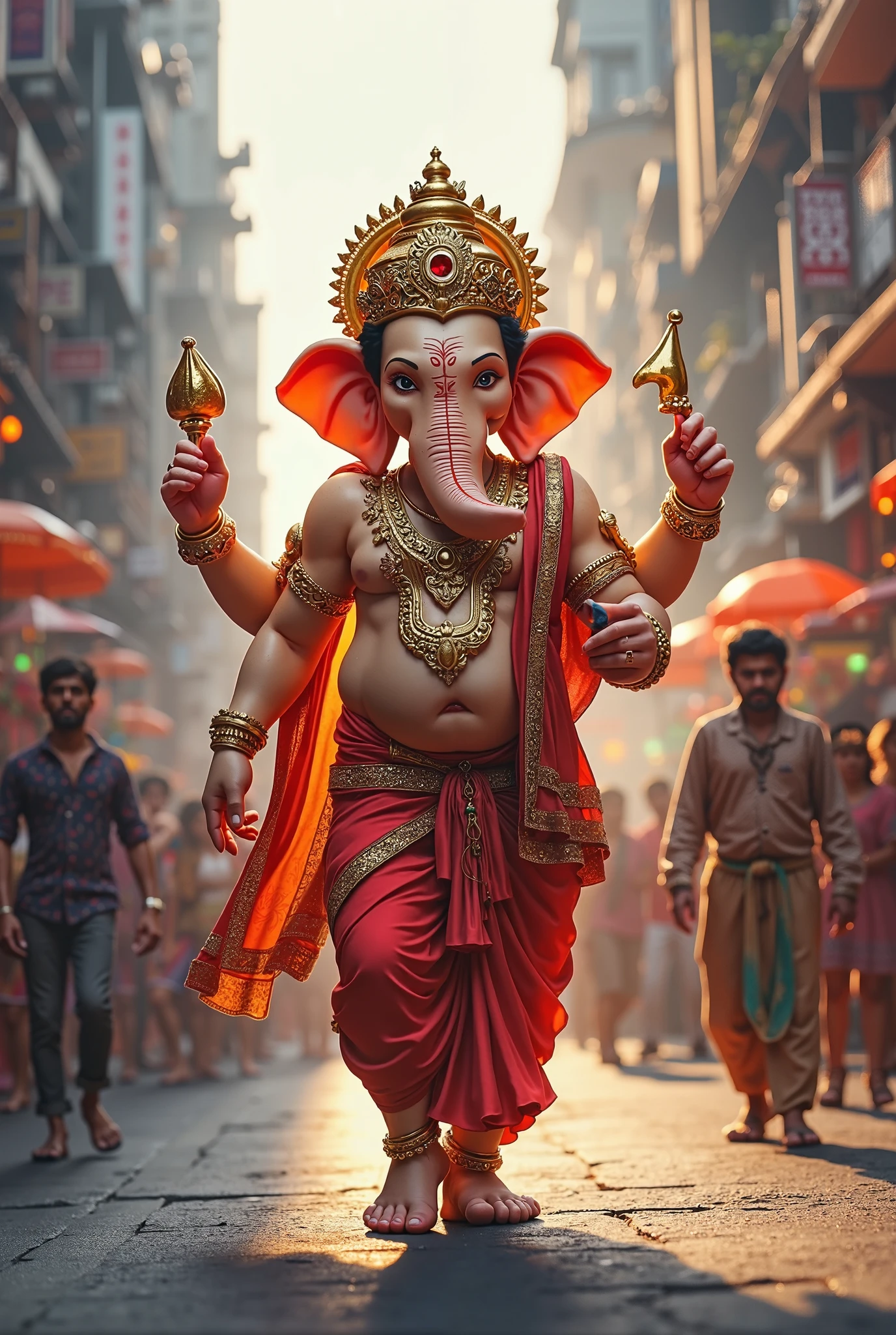 Imagine Ganesh Ji, the revered Hindu deity, strolling down a bustling road. He holds a colorful umbrella in his hand, which contrasts with his traditional attire and the lively urban backdrop. The scene blends the divine with the everyday, showcasing Ganesh Ji's serene presence amidst the modern world."